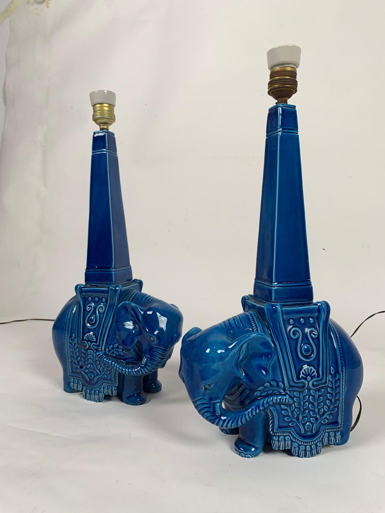 Parchment Paper Pair of blue ceramic table lamps representing elephants, Italy, 1960s For Sale