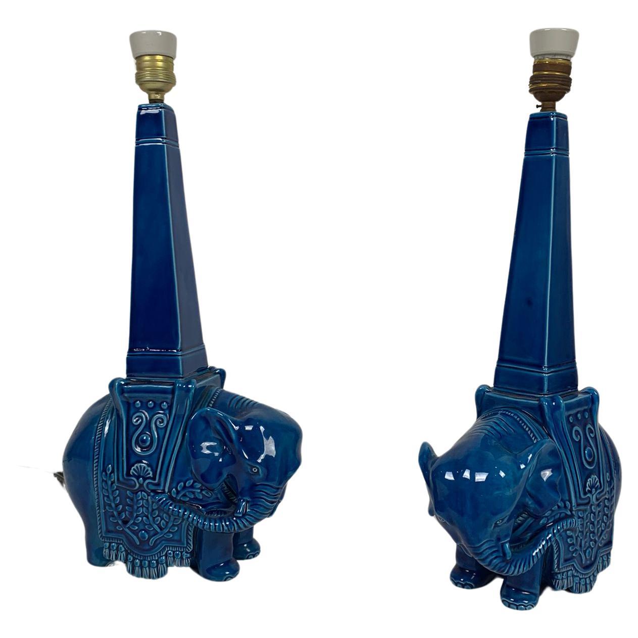 Pair of blue ceramic table lamps representing elephants, Italy, 1960s For Sale