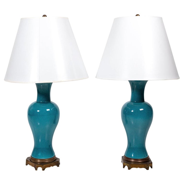 Pair of Blue Ceramic Urn Shaped Table Lamps at 1stDibs