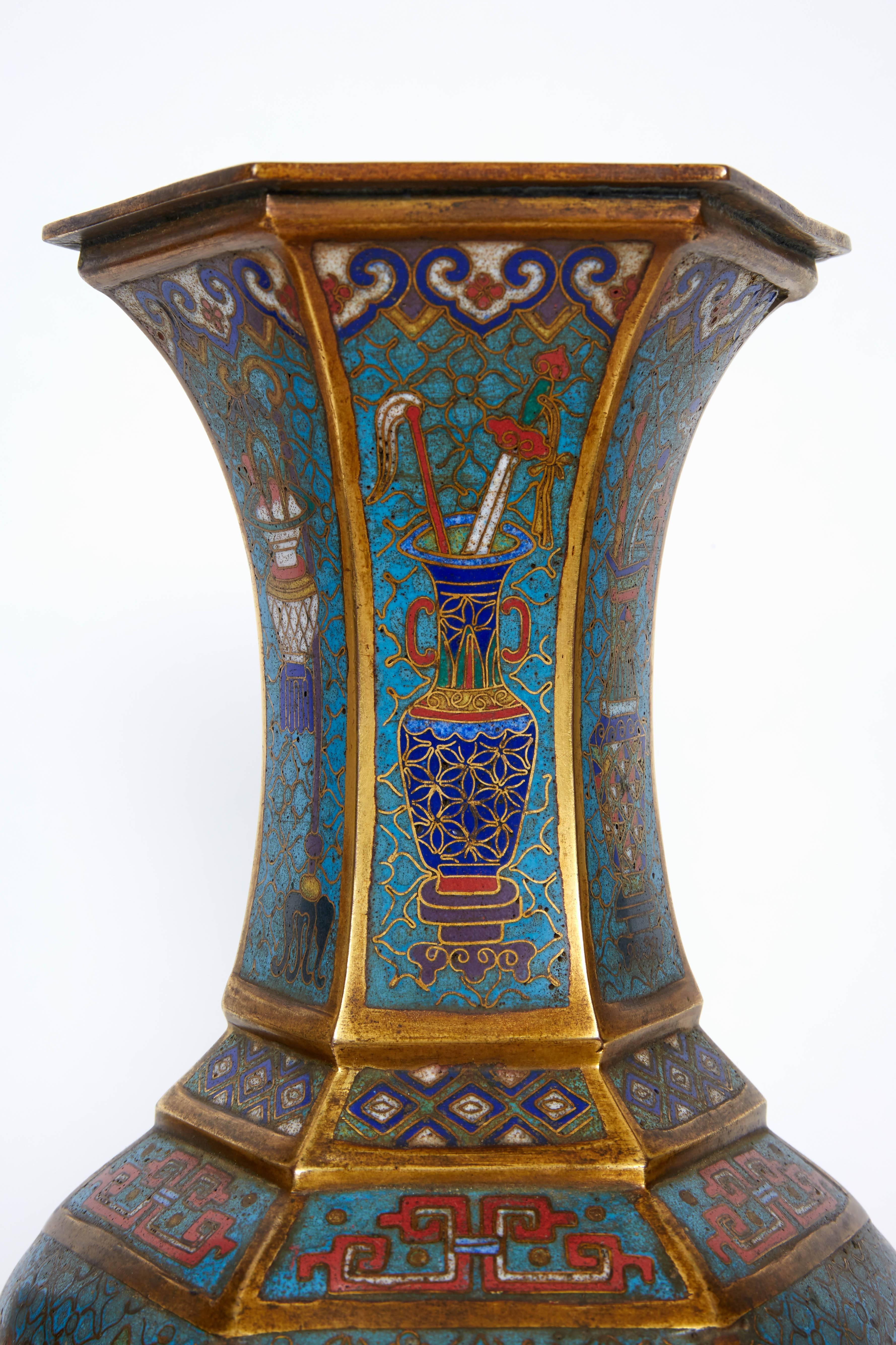 Pair of Blue Chinese Cloisonne Enamel Vases, Qing Dynasty, Qianlong Period 6
