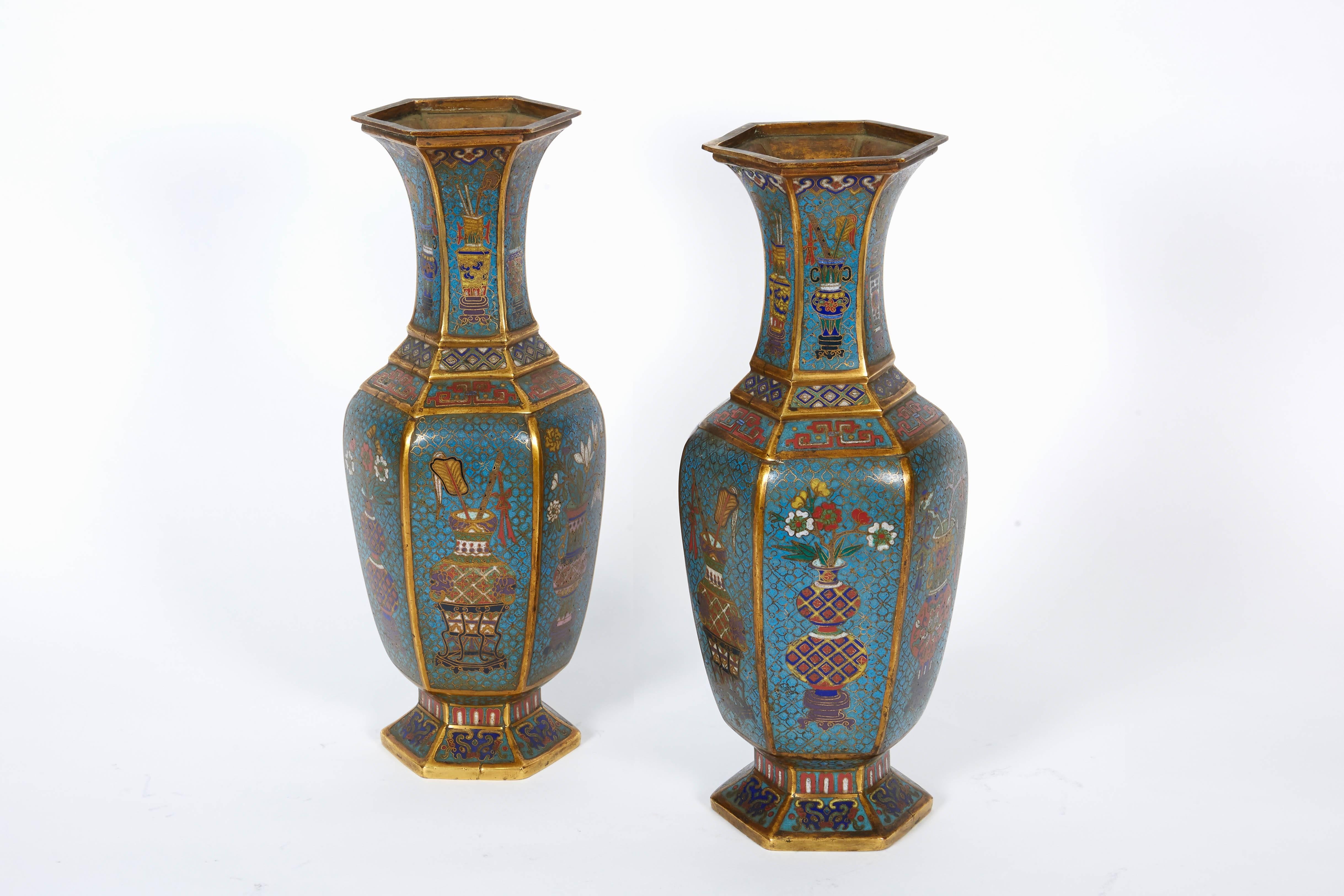 Pair of Blue Chinese Cloisonne Enamel Vases, Qing Dynasty, Qianlong Period In Excellent Condition In New York, NY