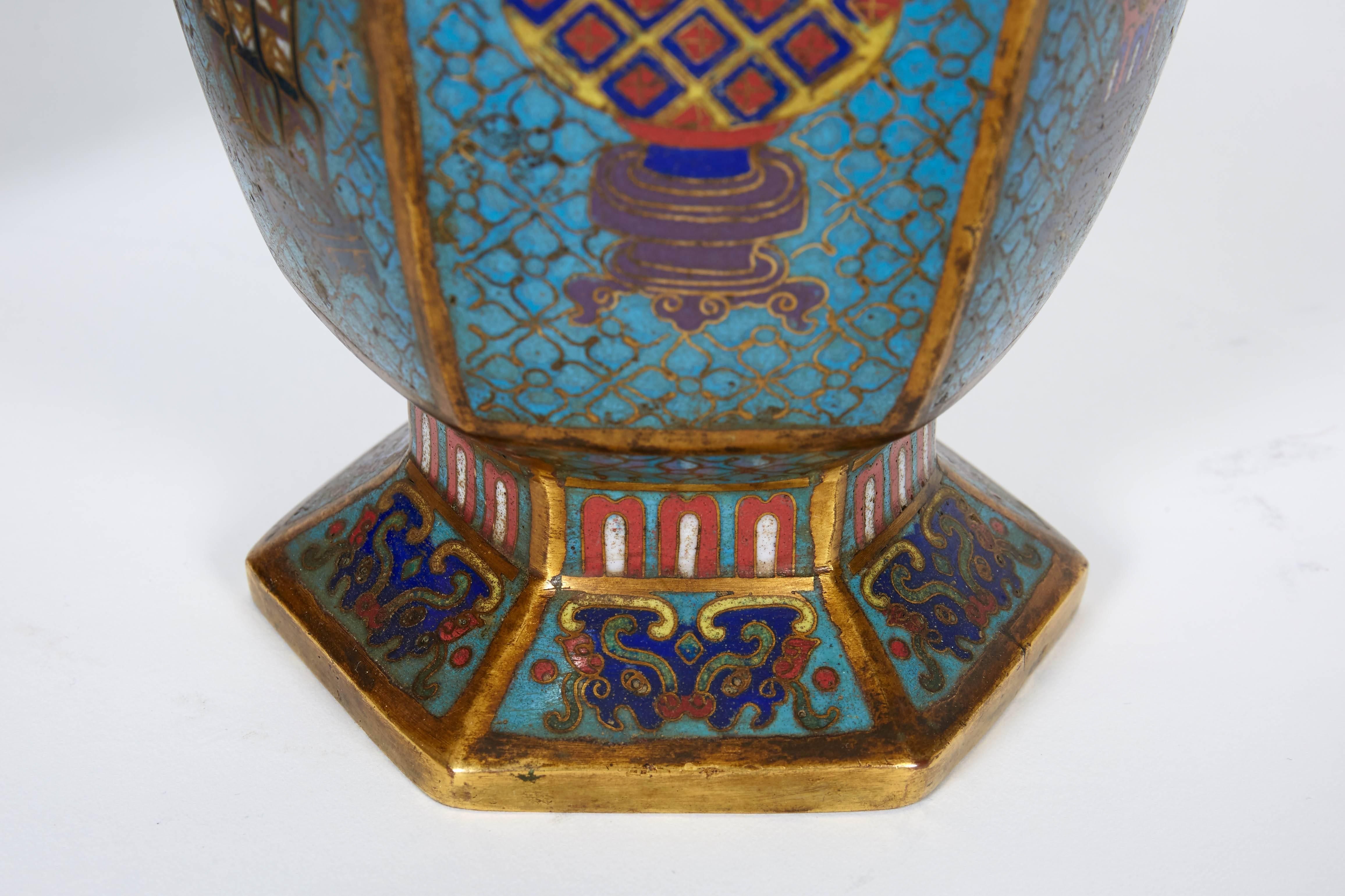 19th Century Pair of Blue Chinese Cloisonne Enamel Vases, Qing Dynasty, Qianlong Period