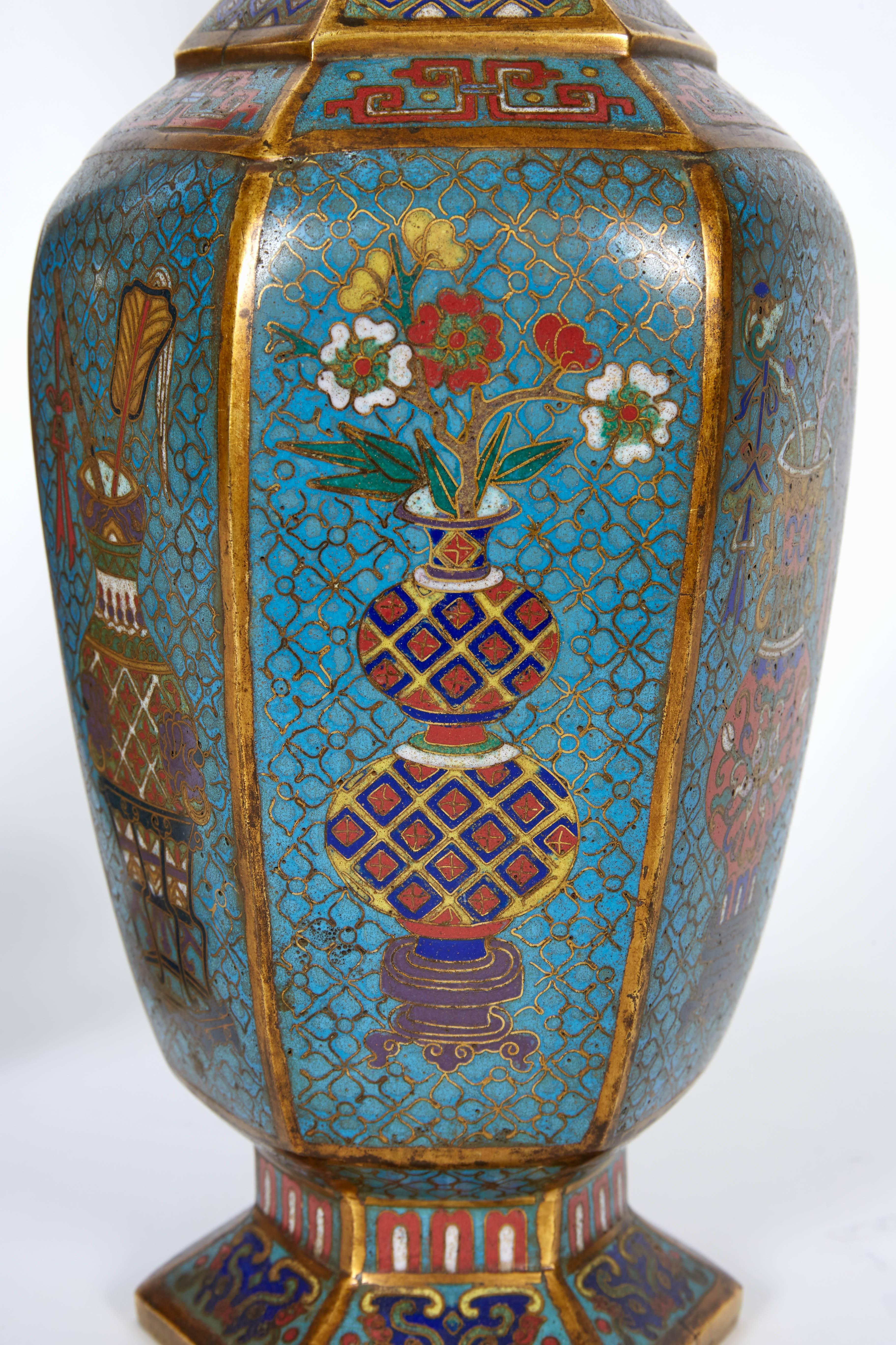 Bronze Pair of Blue Chinese Cloisonne Enamel Vases, Qing Dynasty, Qianlong Period