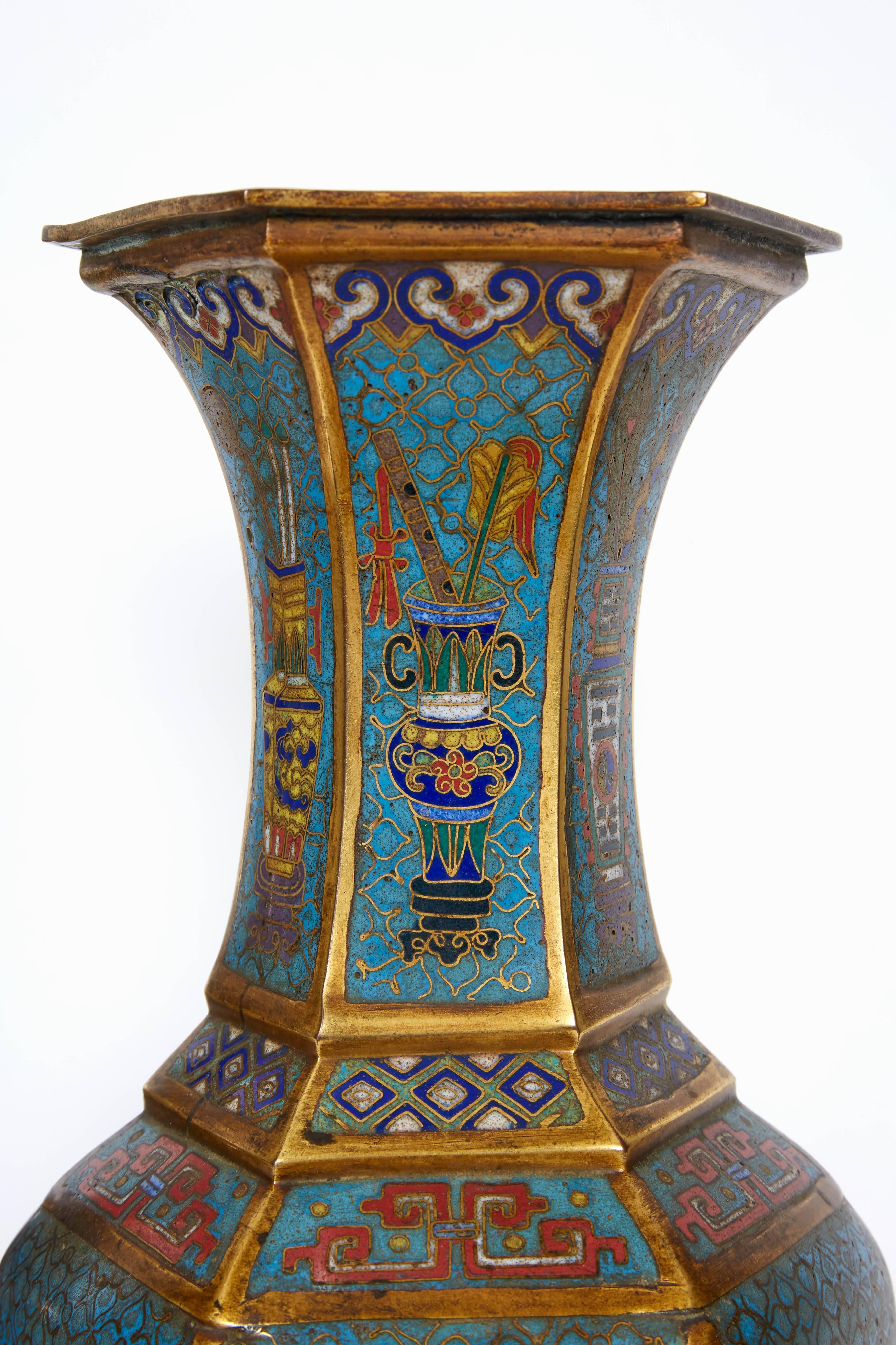 Pair of Blue Chinese Cloisonne Enamel Vases, Qing Dynasty, Qianlong Period 1