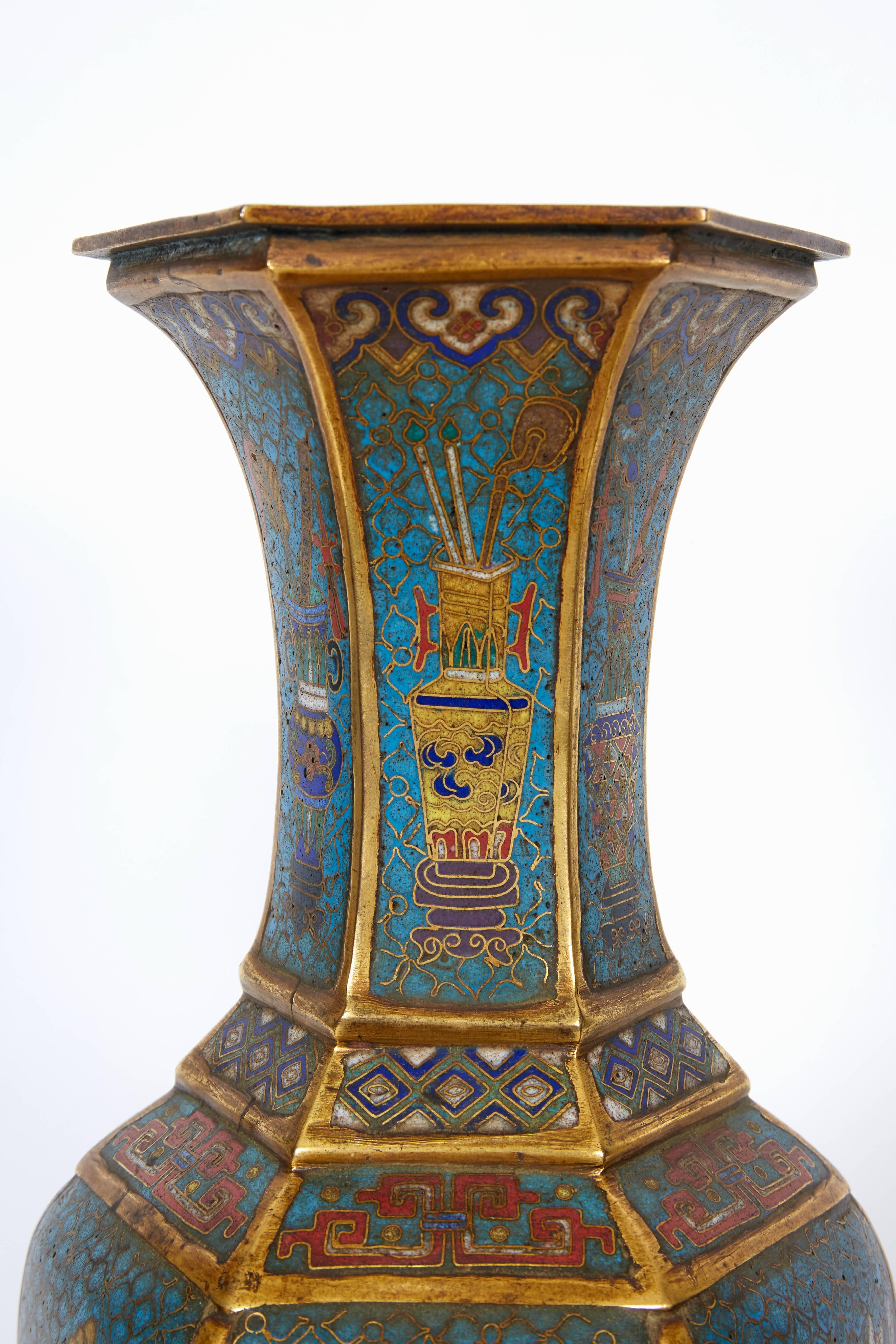 Pair of Blue Chinese Cloisonne Enamel Vases, Qing Dynasty, Qianlong Period 2