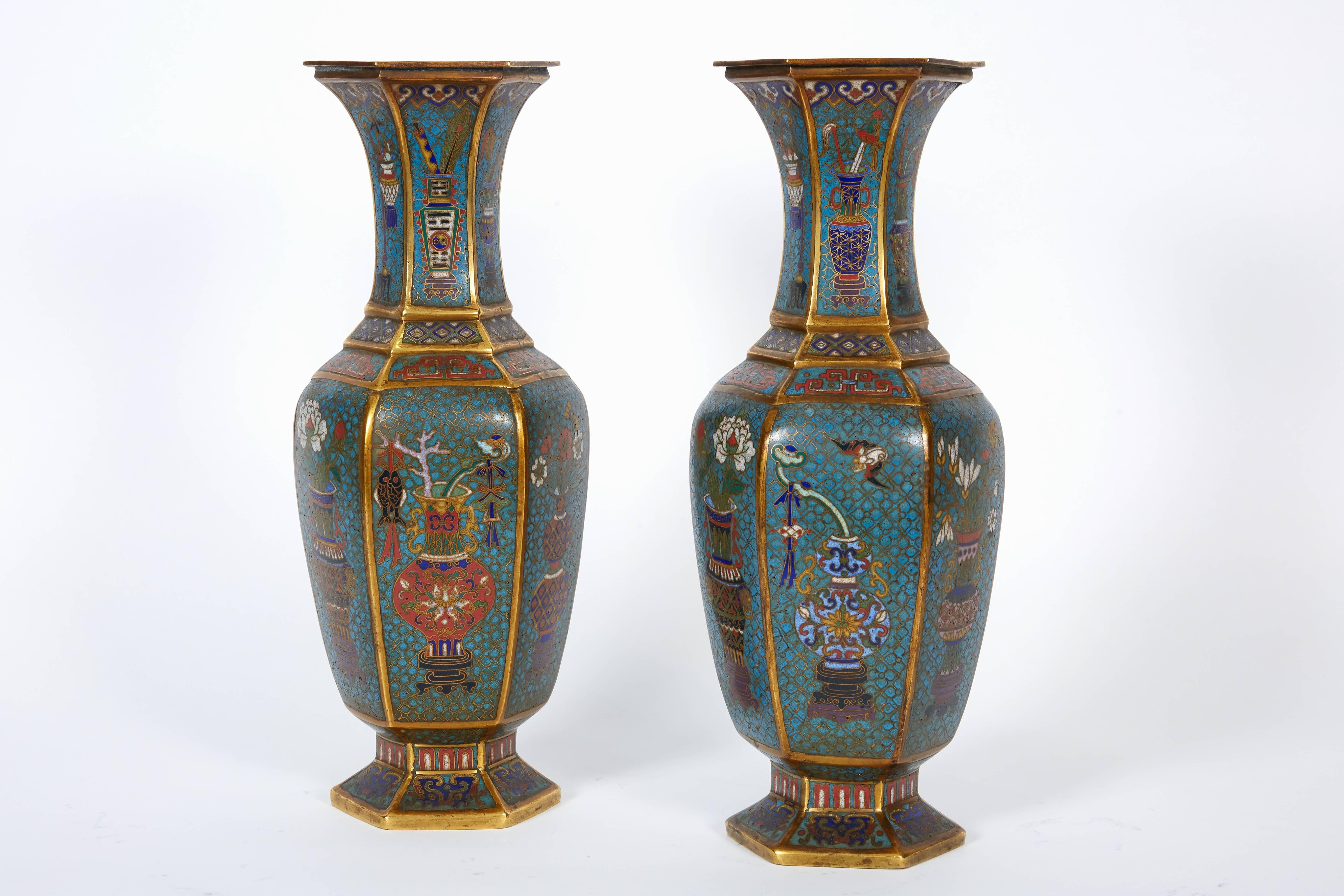 Pair of Blue Chinese Cloisonne Enamel Vases, Qing Dynasty, Qianlong Period 4