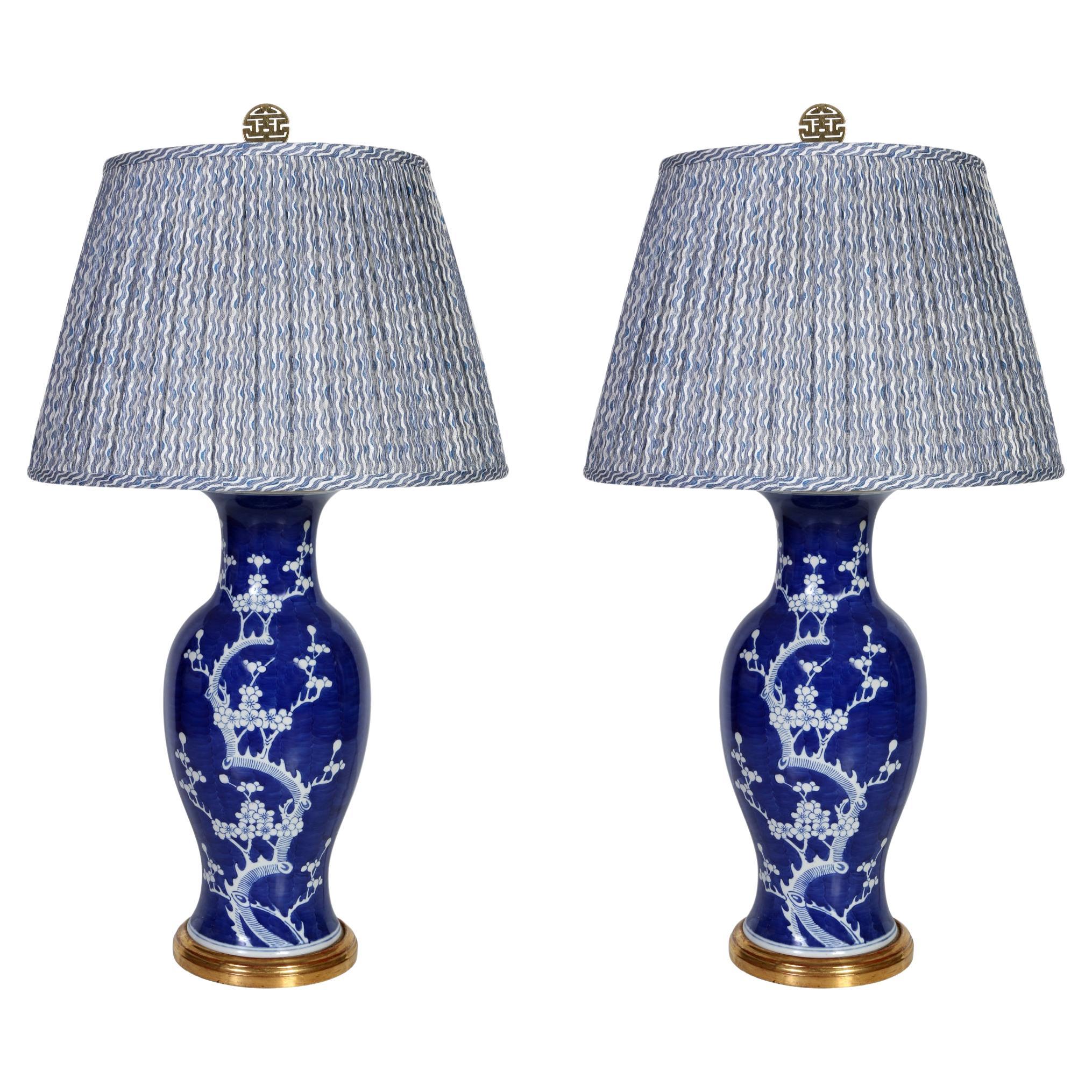 Pair of Blue Chinese Export Lamps on 18kt Gilt Base For Sale