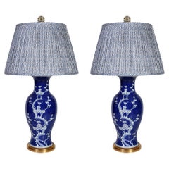 Retro Pair of Blue Chinese Export Lamps on 18kt Gilt Base