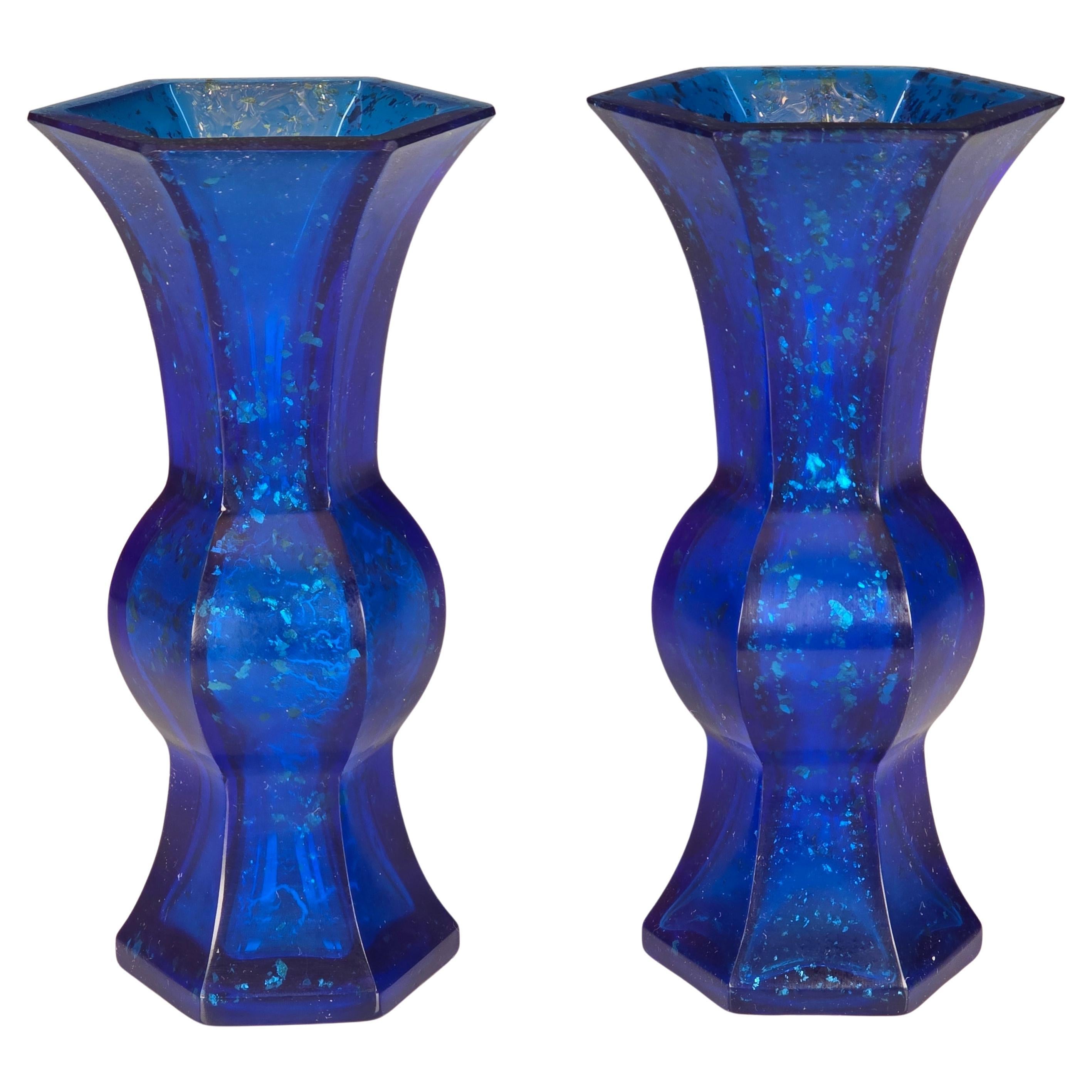 Pair of Blue Chinese Peking Glass Vases with Silver Inclusions