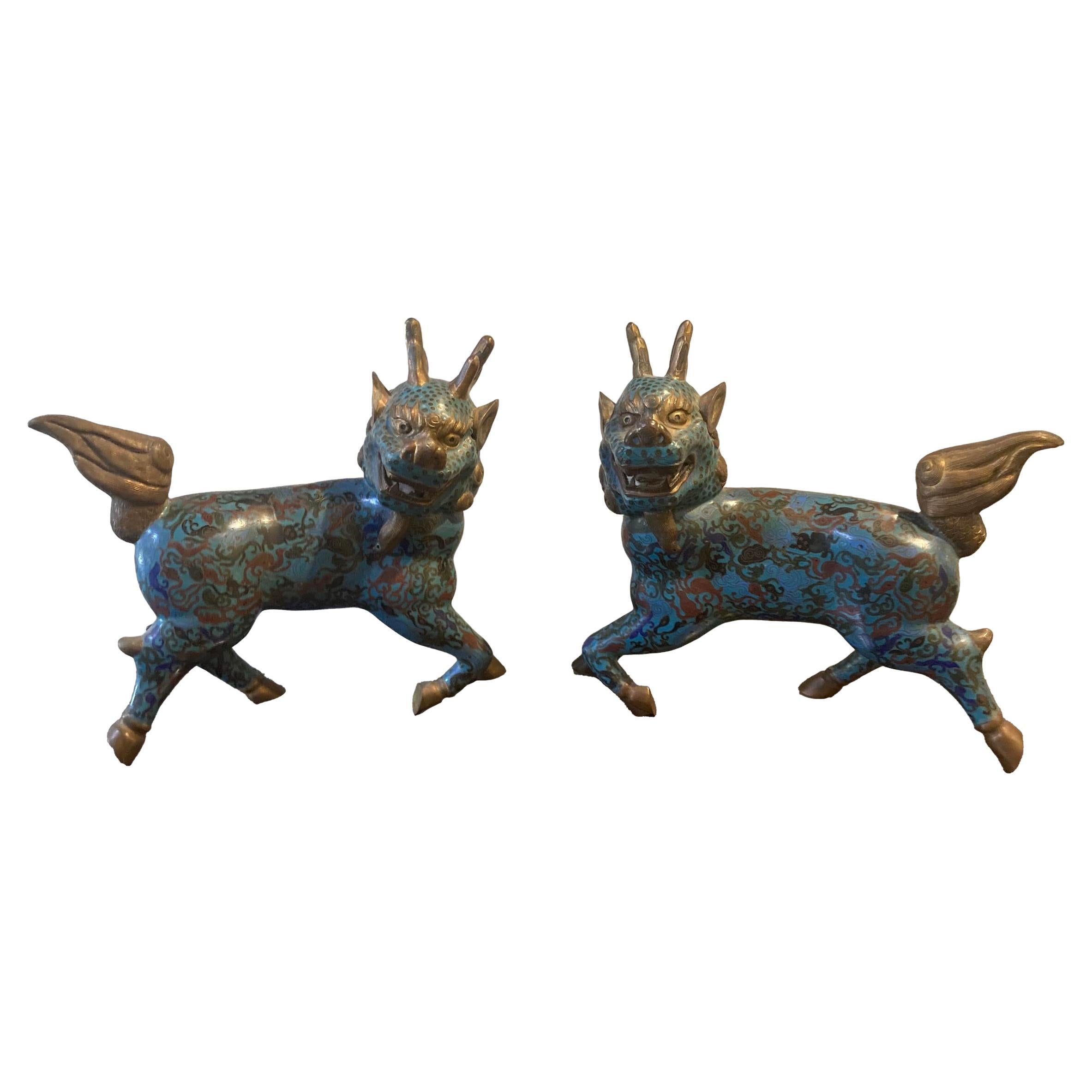 Pair of Blue Cloisonne Fu Dogs For Sale