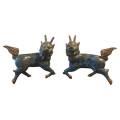 Used Pair of Blue Cloisonne Fu Dogs