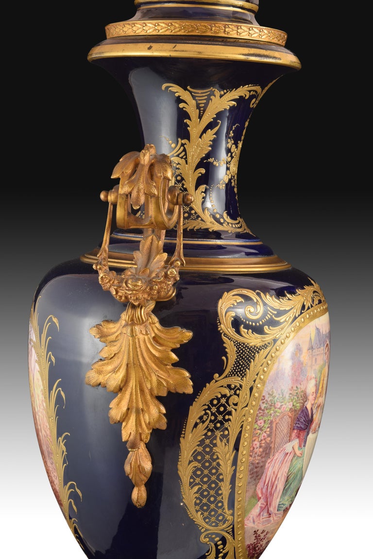 Pair of Blue Cobalt Porcelain Vases, After Sèvres, Porcelain Bronze