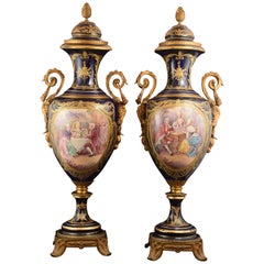 Pair of Blue Cobalt Porcelain Vases, After Sèvres, Porcelain Bronze 19th Century