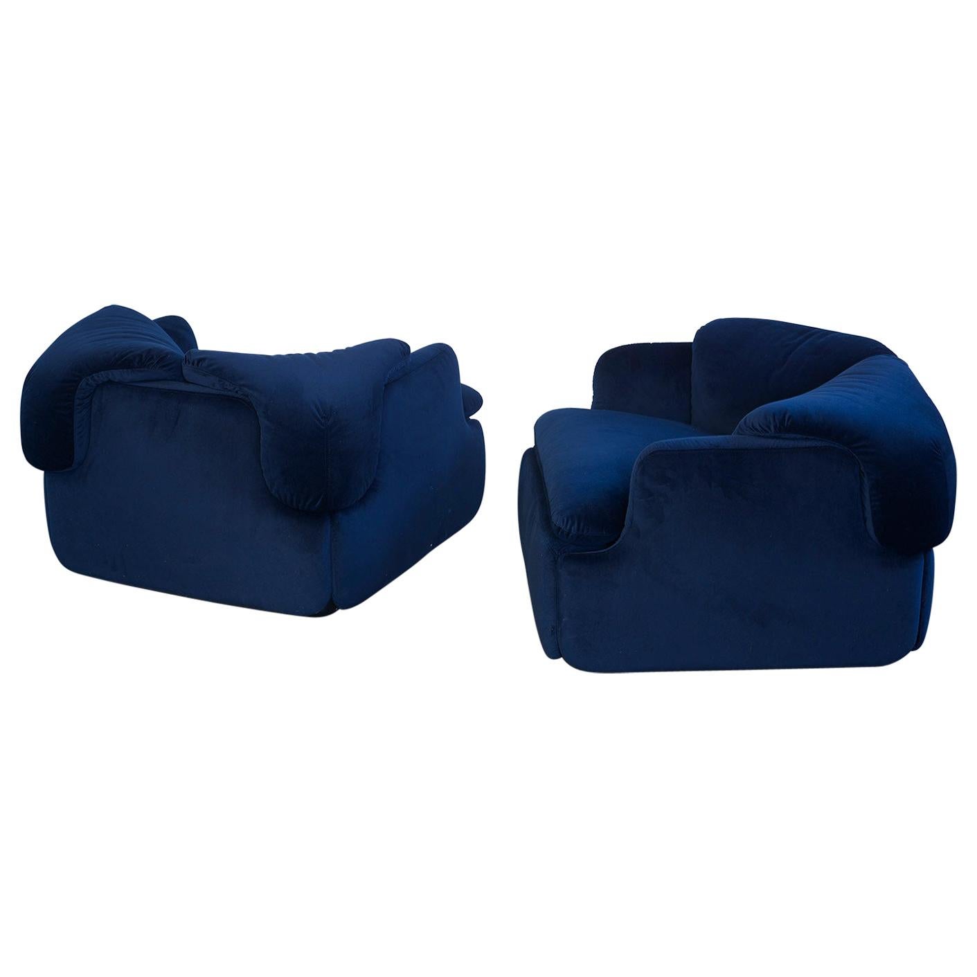 Pair of Blue "Confidential" Lounge Chairs by Alberto Rosselli for Saporiti, 1972