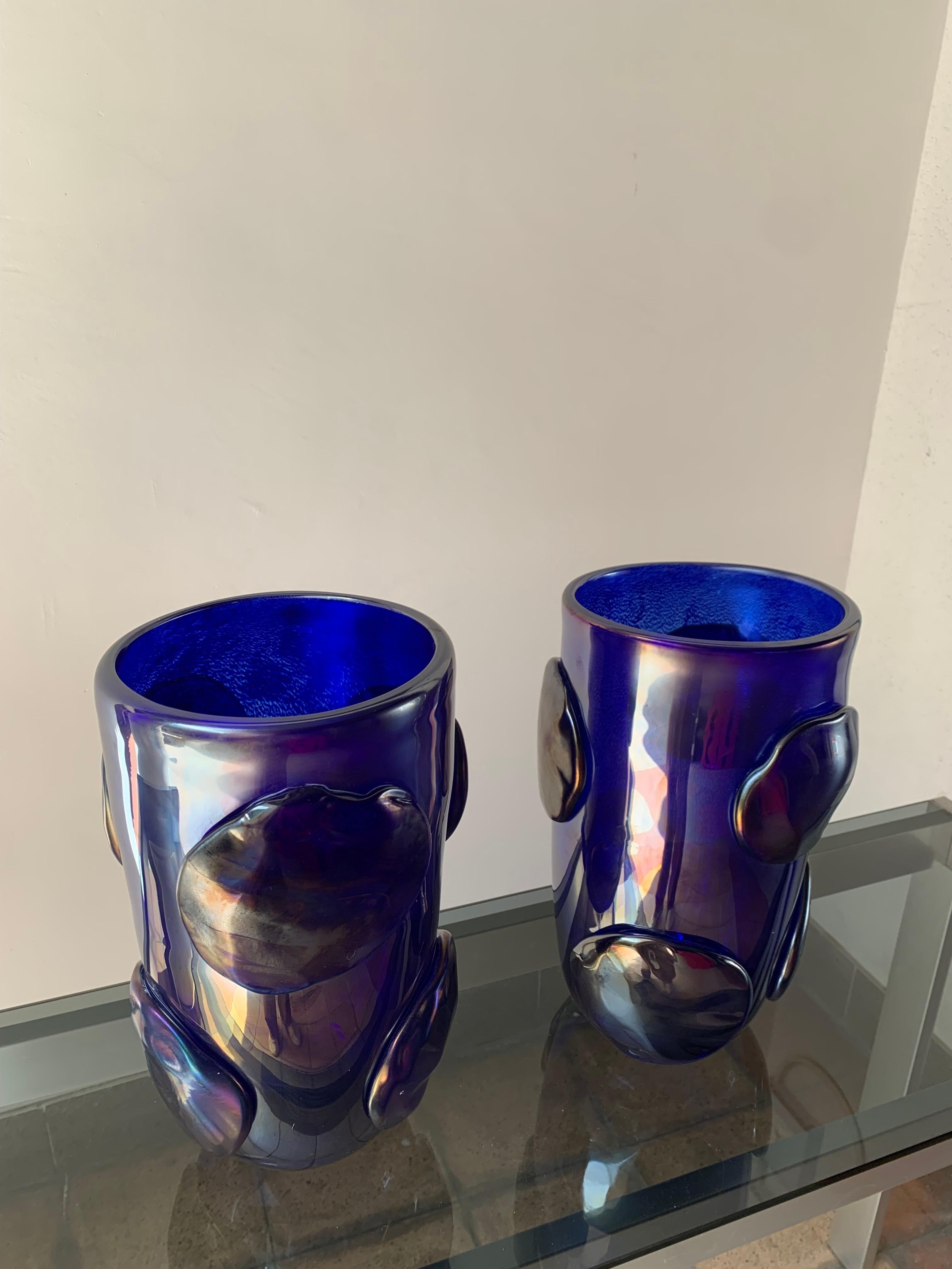 Pair of Vases with purple murano glass Pellets, 1990
Signed below the 