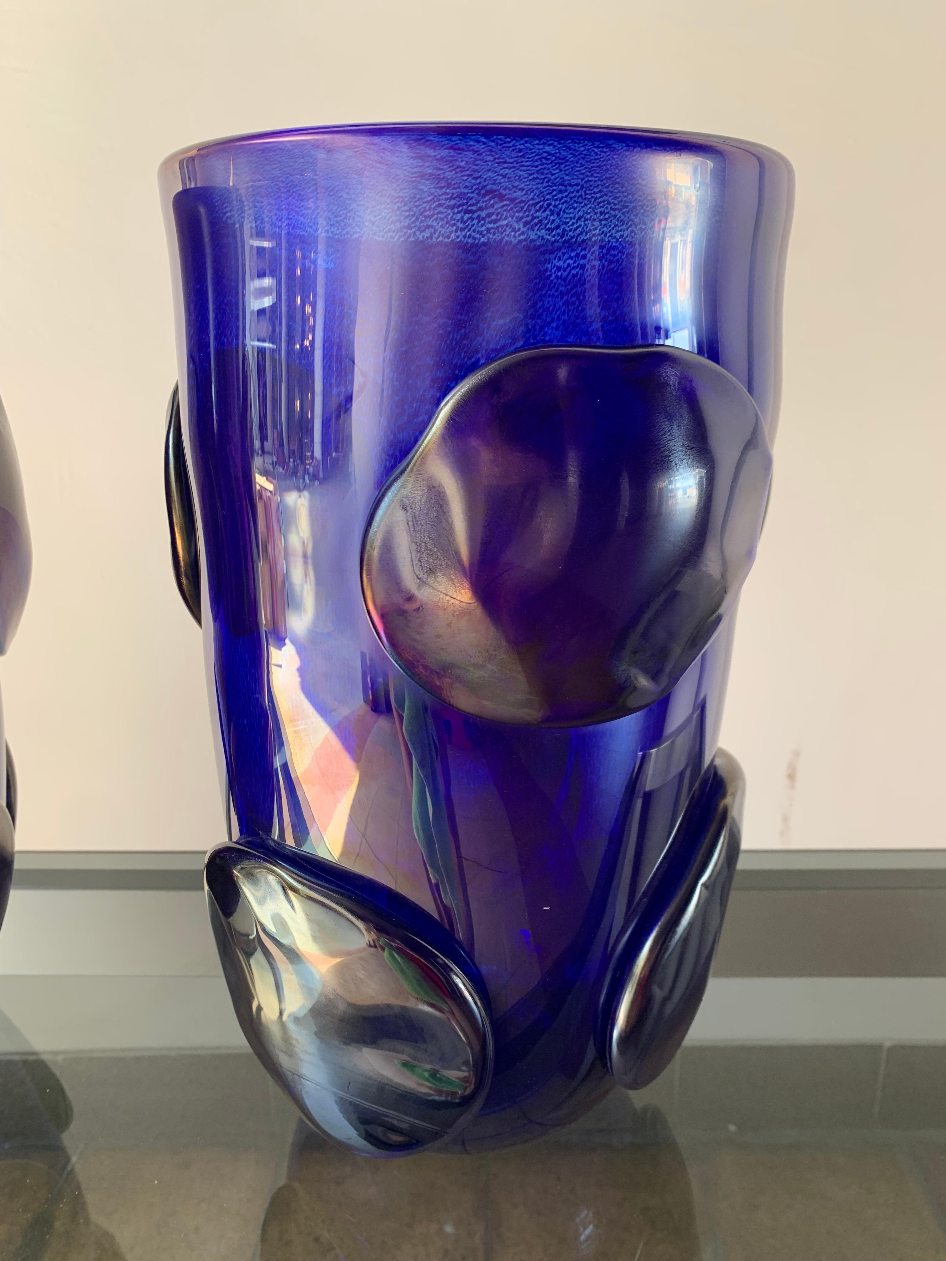 Art Deco Pair of Blue Costantini Vases with Murano Glass Pellets, 1990