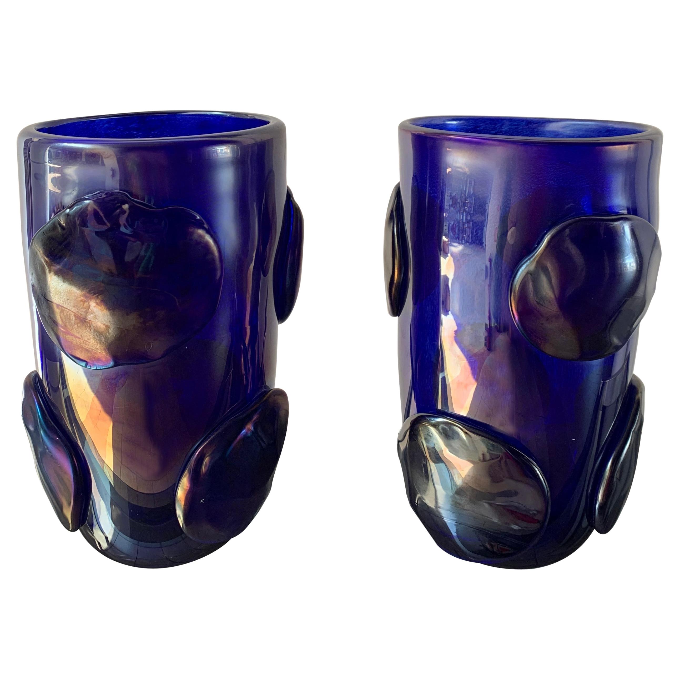 Pair of Blue Costantini Vases with Murano Glass Pellets, 1990