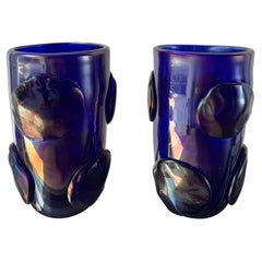 Pair of Blue Costantini Vases with Murano Glass Pellets, 1990