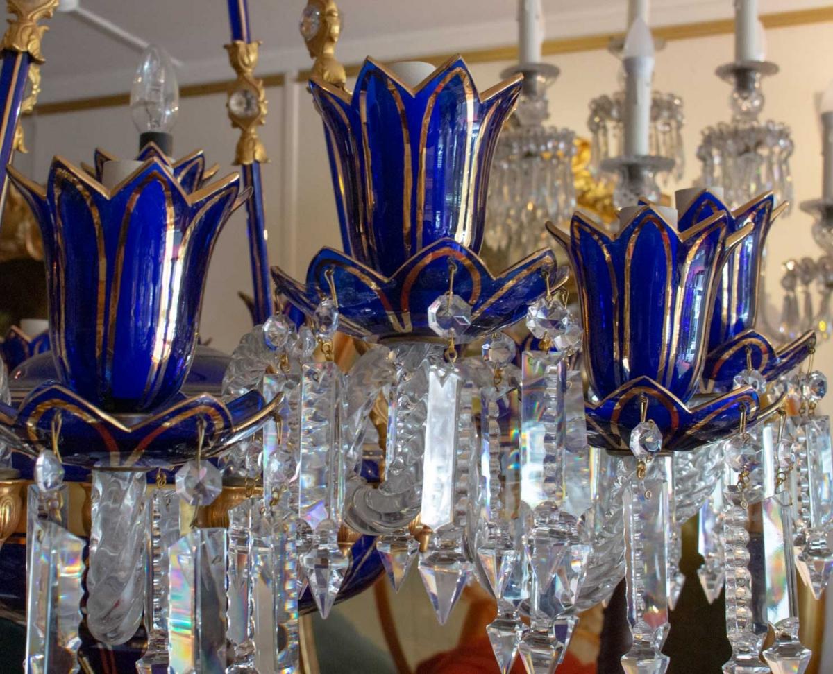 French Pair of Blue Crystal Chandeliers, 18 Lights, Italian Work
