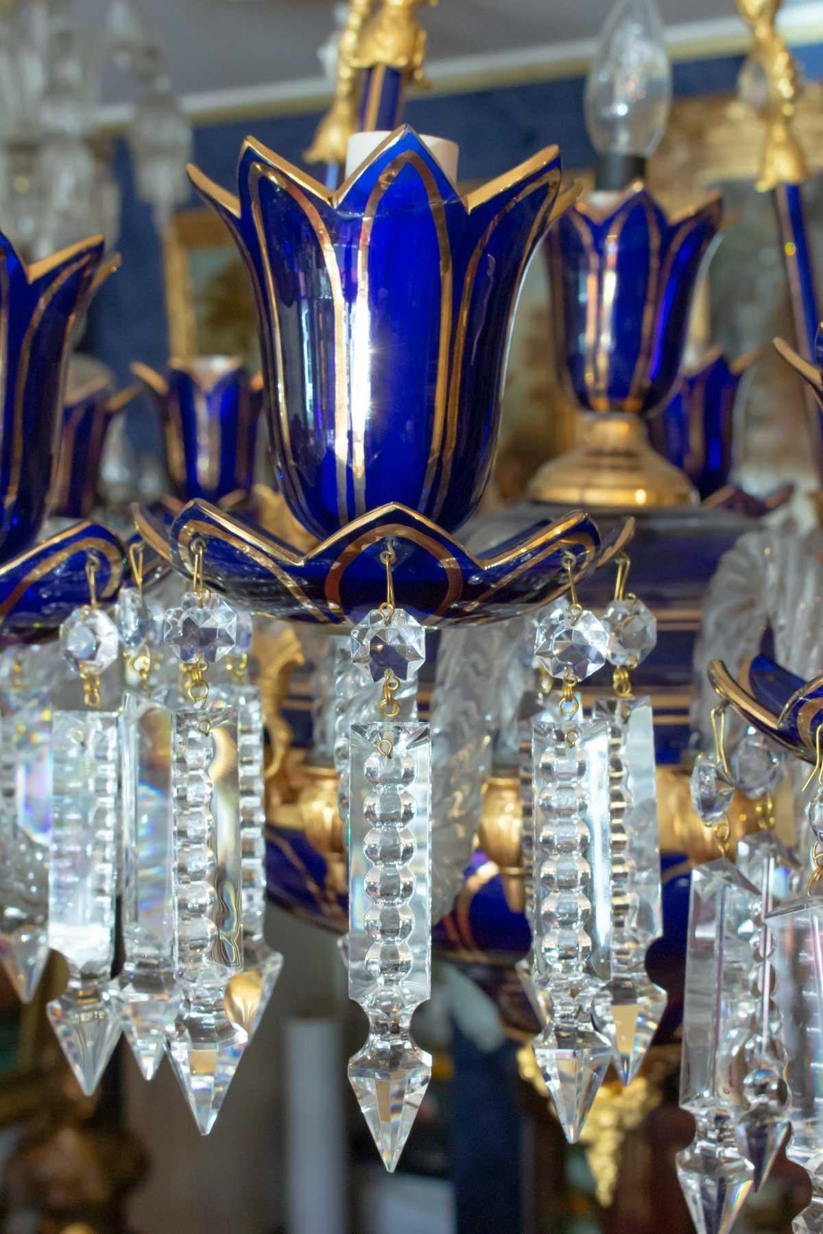 Gilt Pair of Blue Crystal Chandeliers, 18 Lights, Italian Work