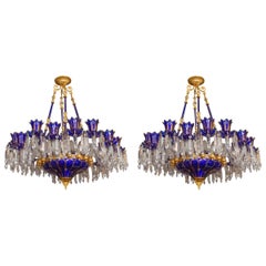 Pair of Blue Crystal Chandeliers, 18 Lights, Italian Work