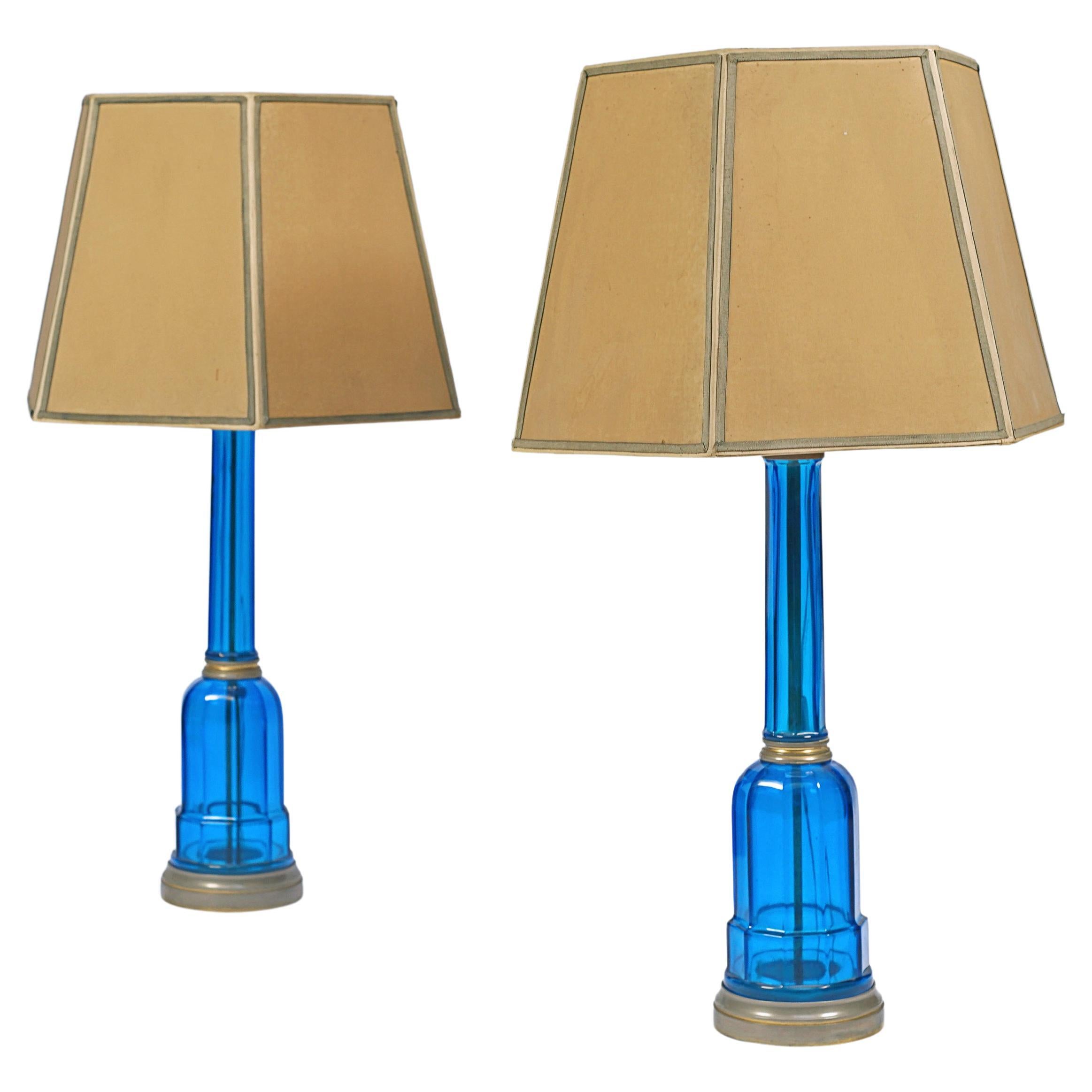 Pair of Blue Crystal Lamps For Sale