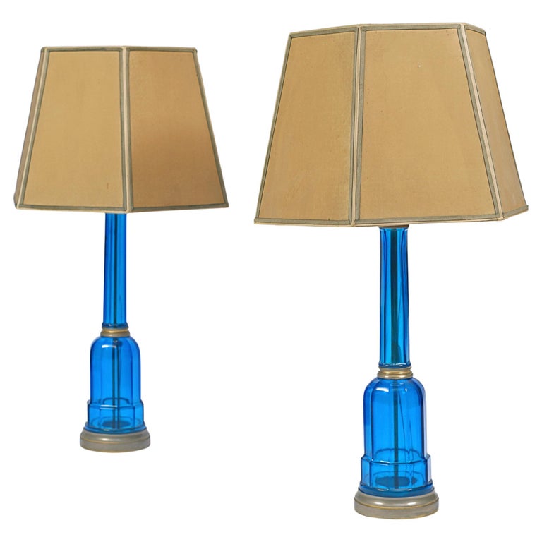 Pair of Blue Crystal Lamps For Sale at 1stDibs