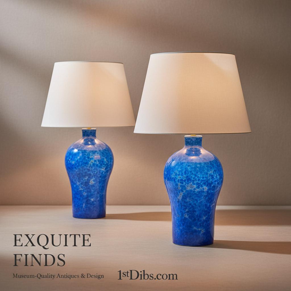Céramique Paire de lampes-vases à glaçure cristalline bleue en vente