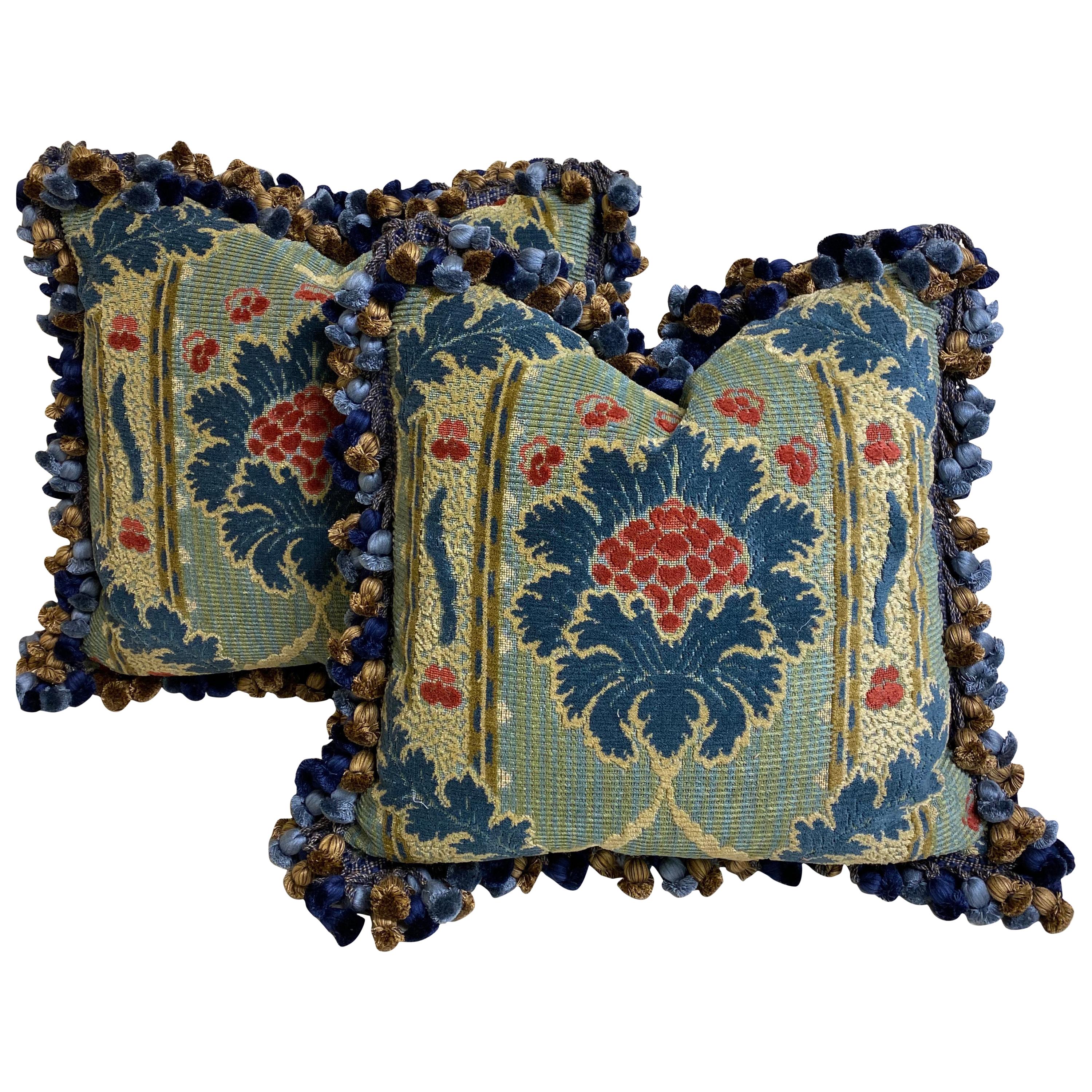 Pair of Blue Cut Velvet Cushions with Onion Tassle Fringe