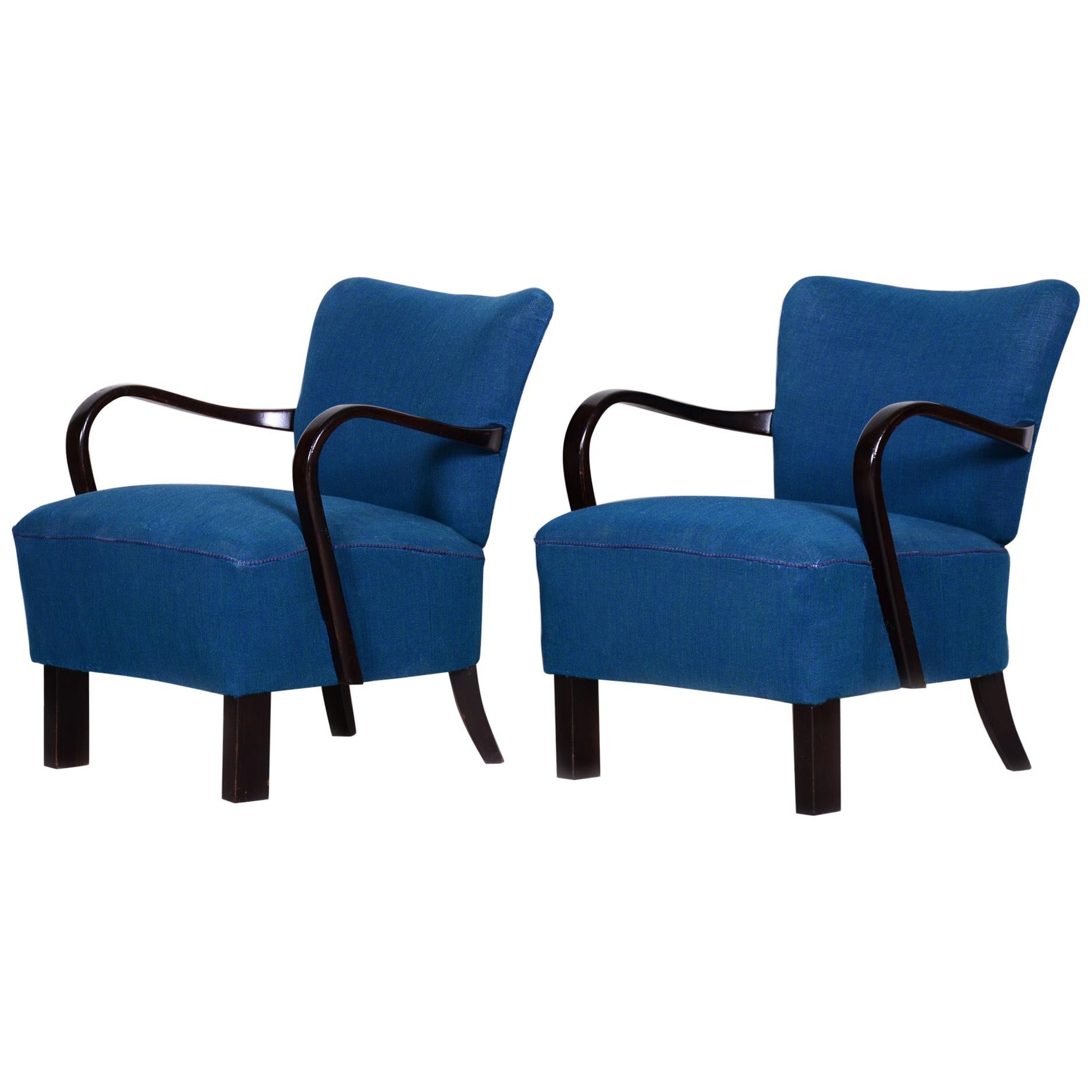 Pair of Blue Czech Art Deco Beech Armchairs, 1930s, Jindrich Halabala, UP Zavody