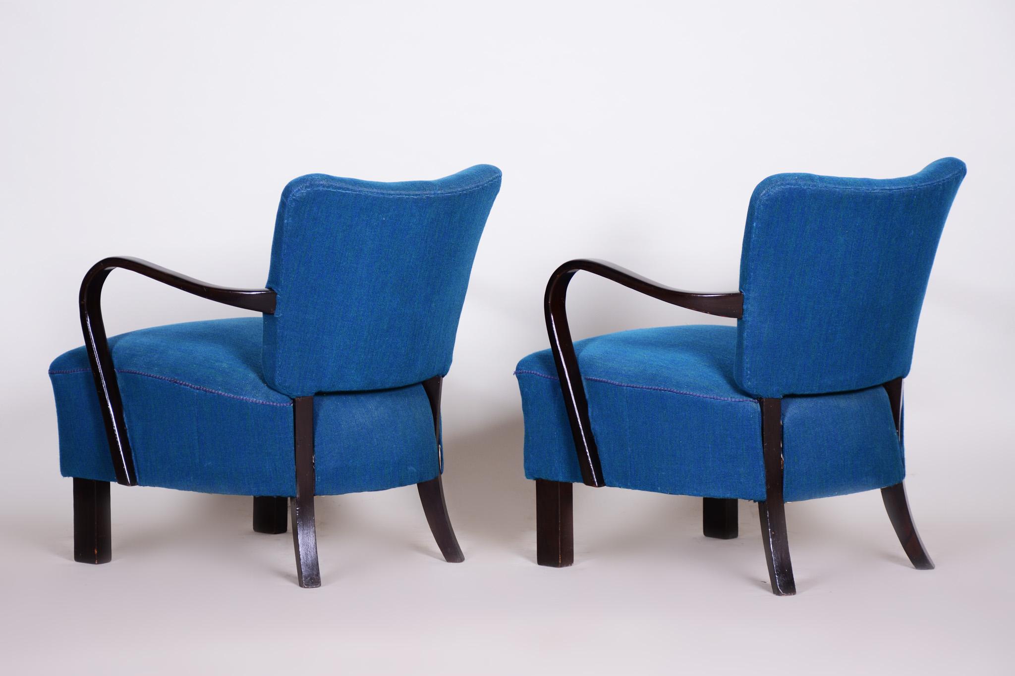 Pair of Blue Czech Art Deco Beech Armchairs, 1930s, Jindrich Halabala, UP Zavody 3