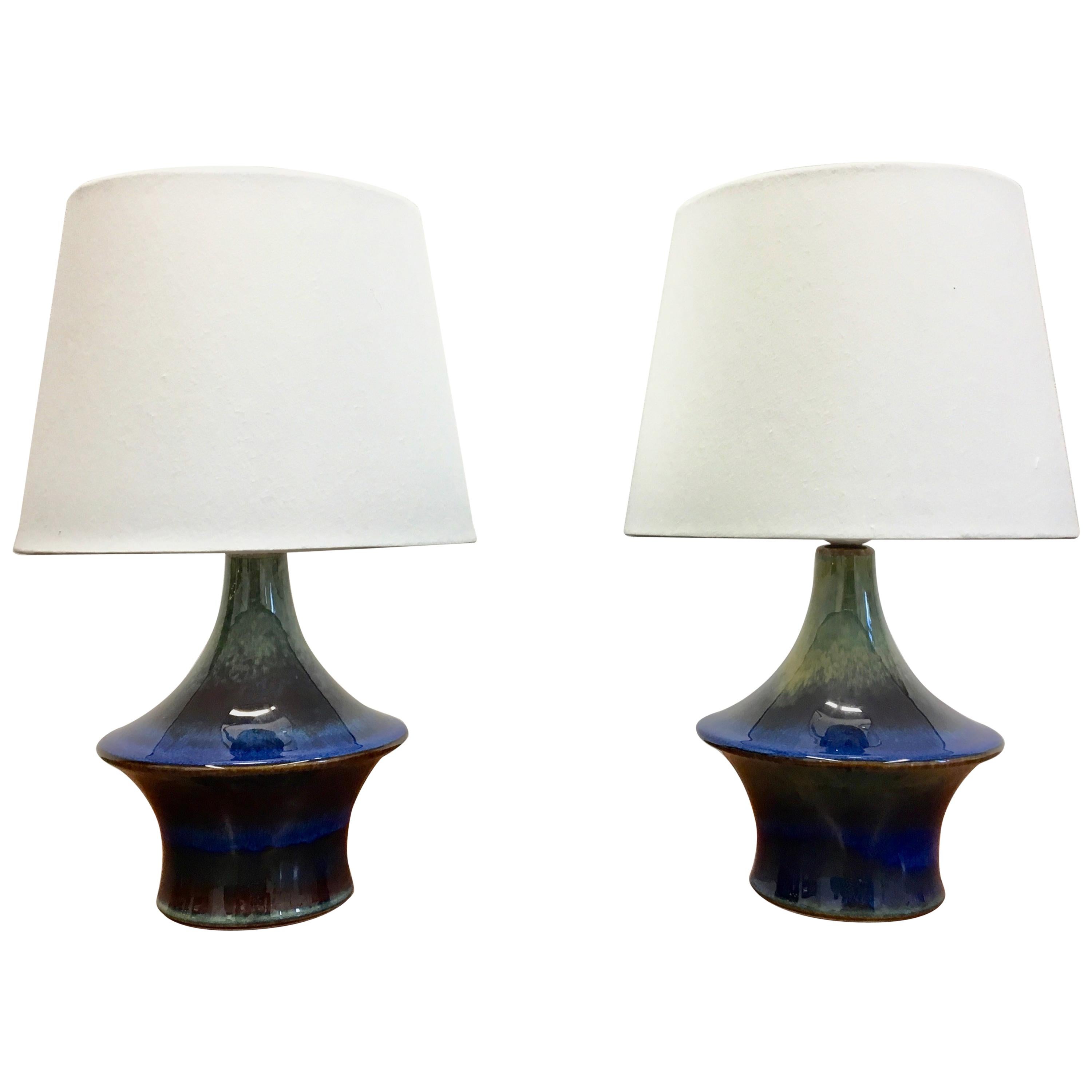 Pair of Blue Danish Ceramic Table Lamps by Soholm, 1960s