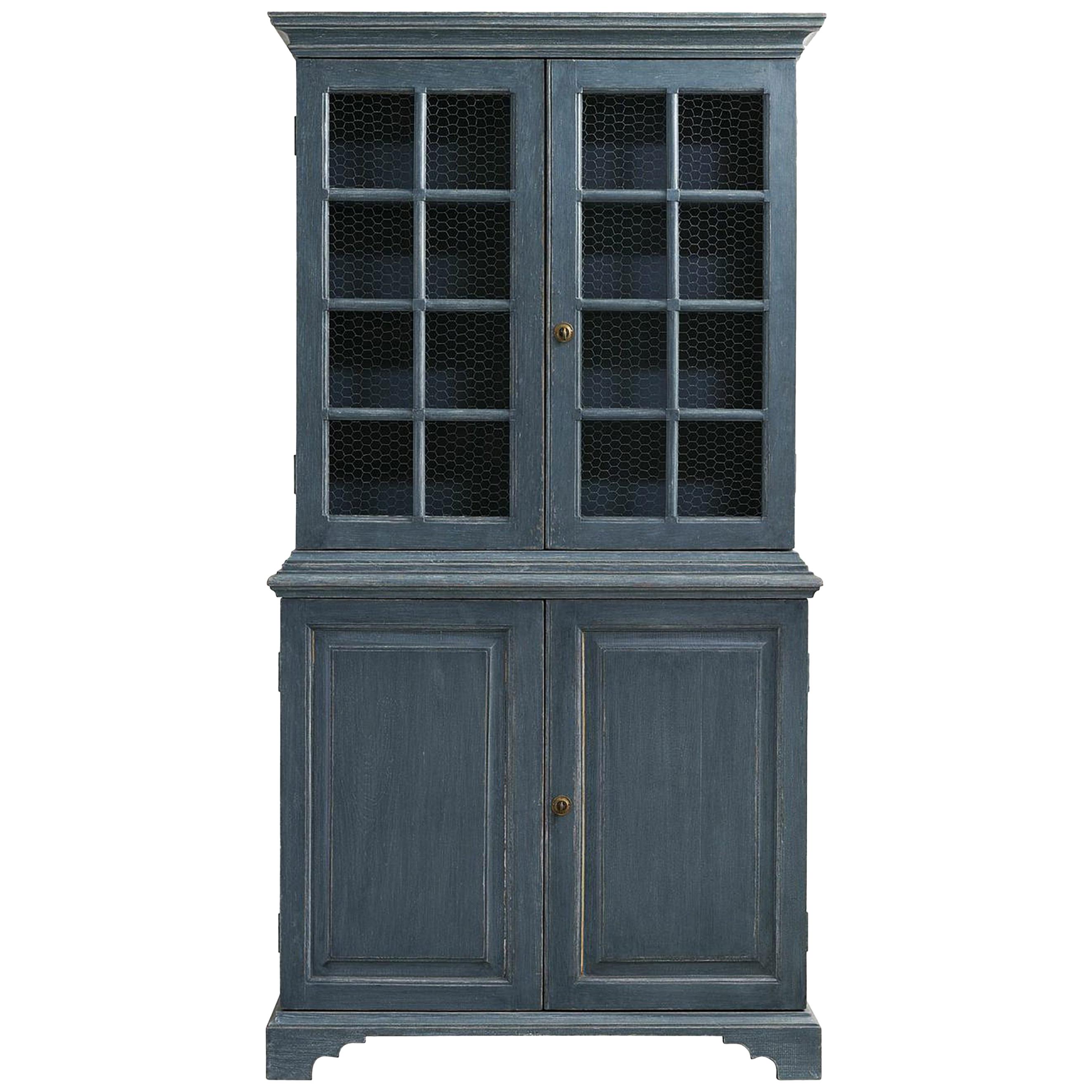 Pair of Blue, Distressed Painted Bookcases, Gustavian Style with Chicken Wire