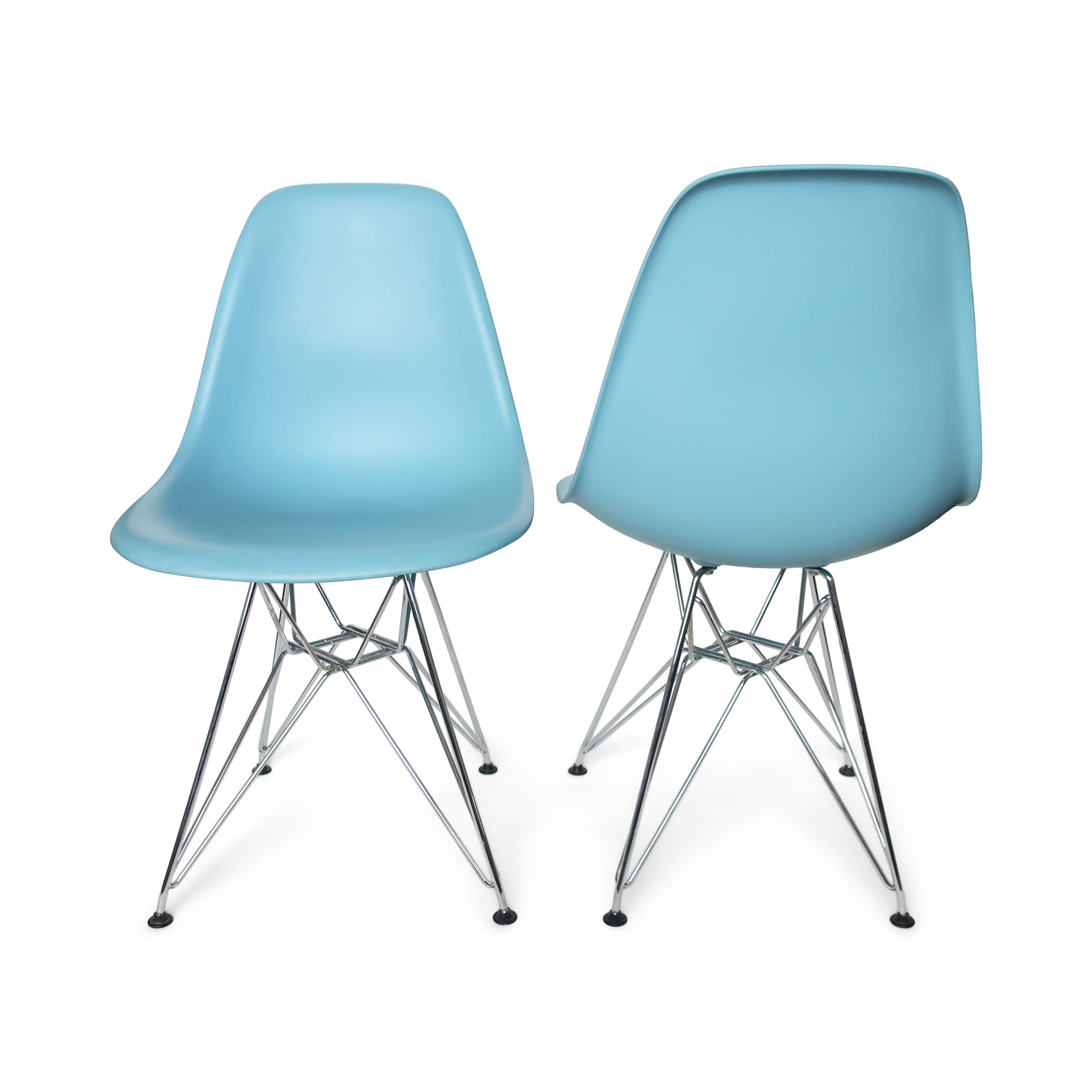 Mid-Century Modern Pair of Blue Eames Dining Chairs with Eiffel Bases