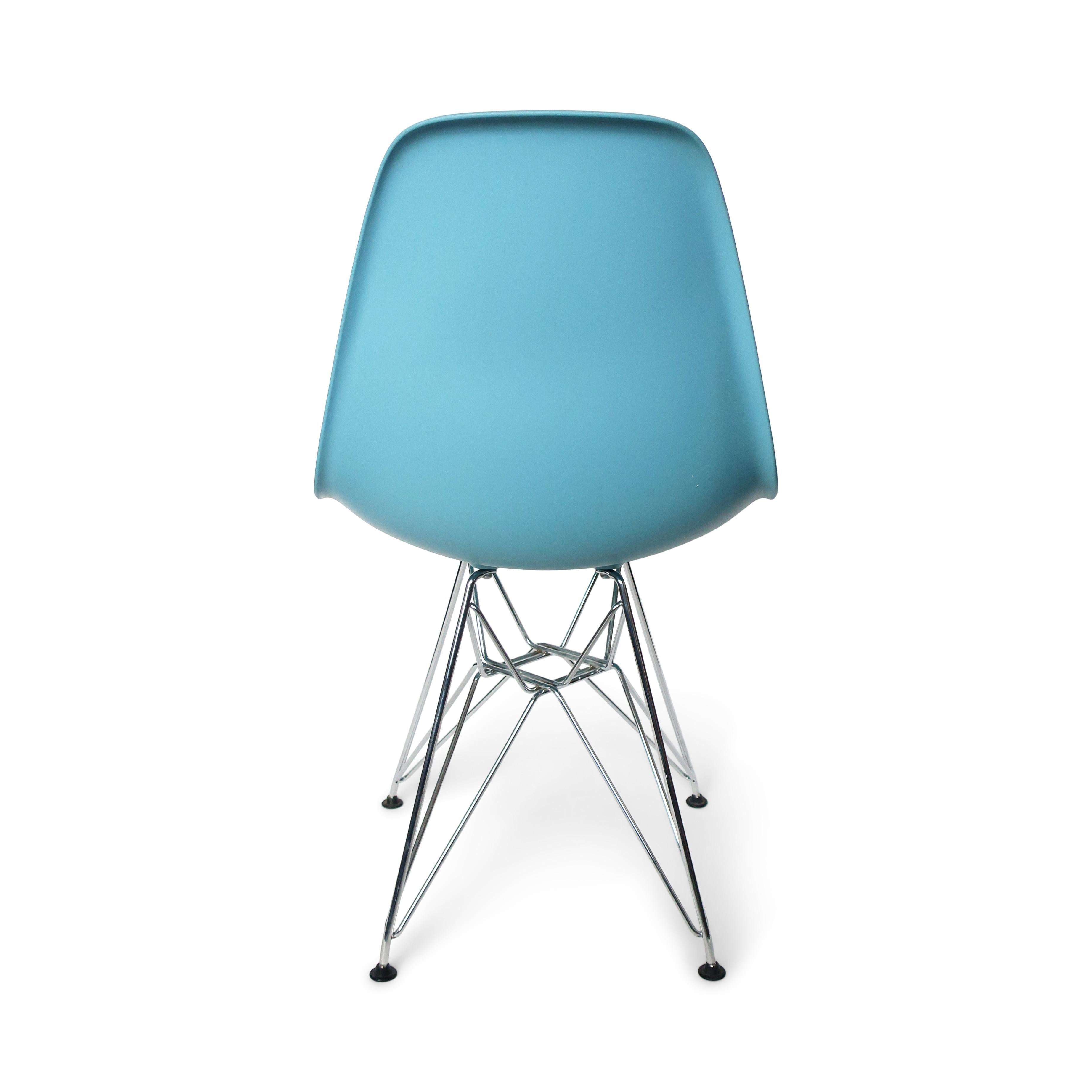 Contemporary Pair of Blue Eames Dining Chairs with Eiffel Bases