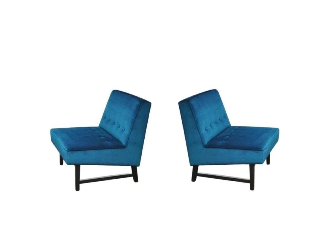 Tissu d'ameublement Paire de chaises à pantoufles bleues Edward Wormley pour Dunbar en vente