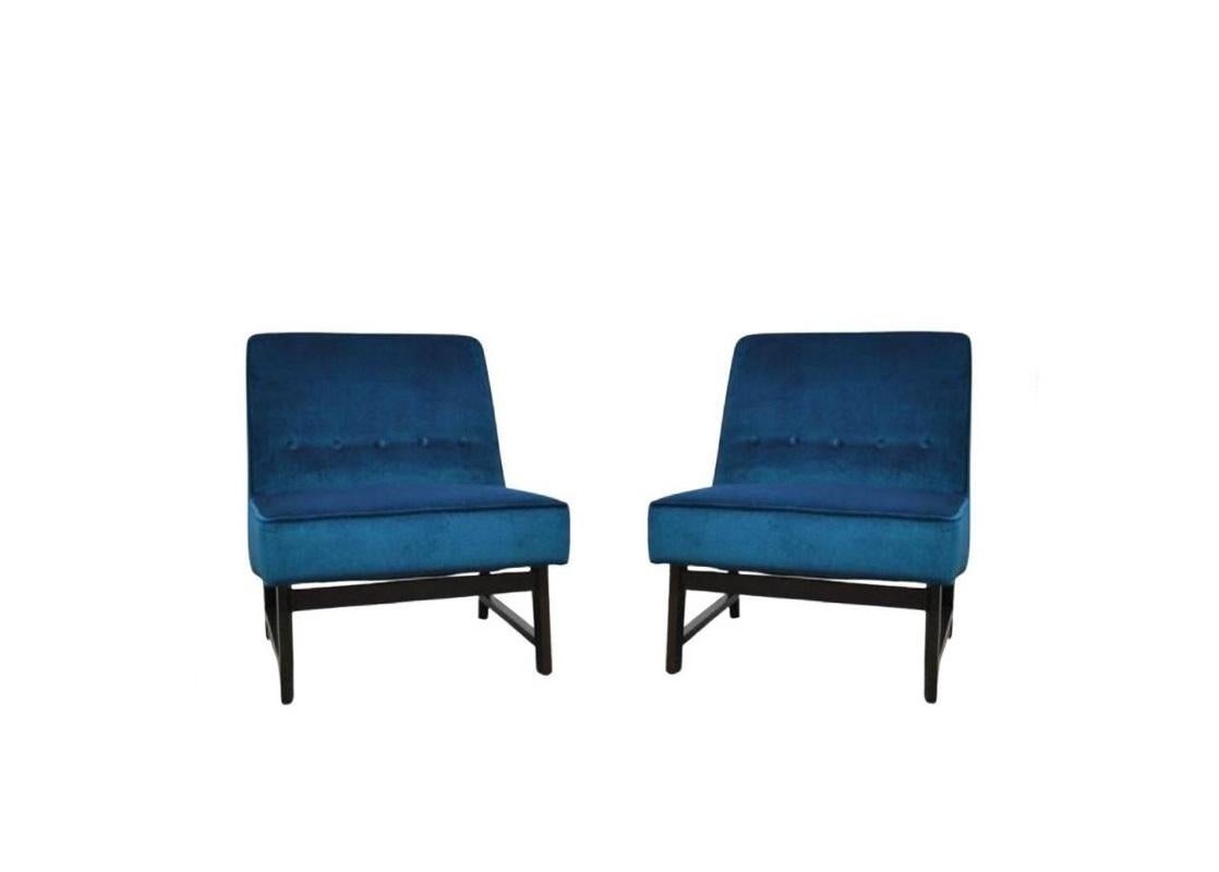 Pair of Blue Edward Wormley for Dunbar Slipper Chairs For Sale 1