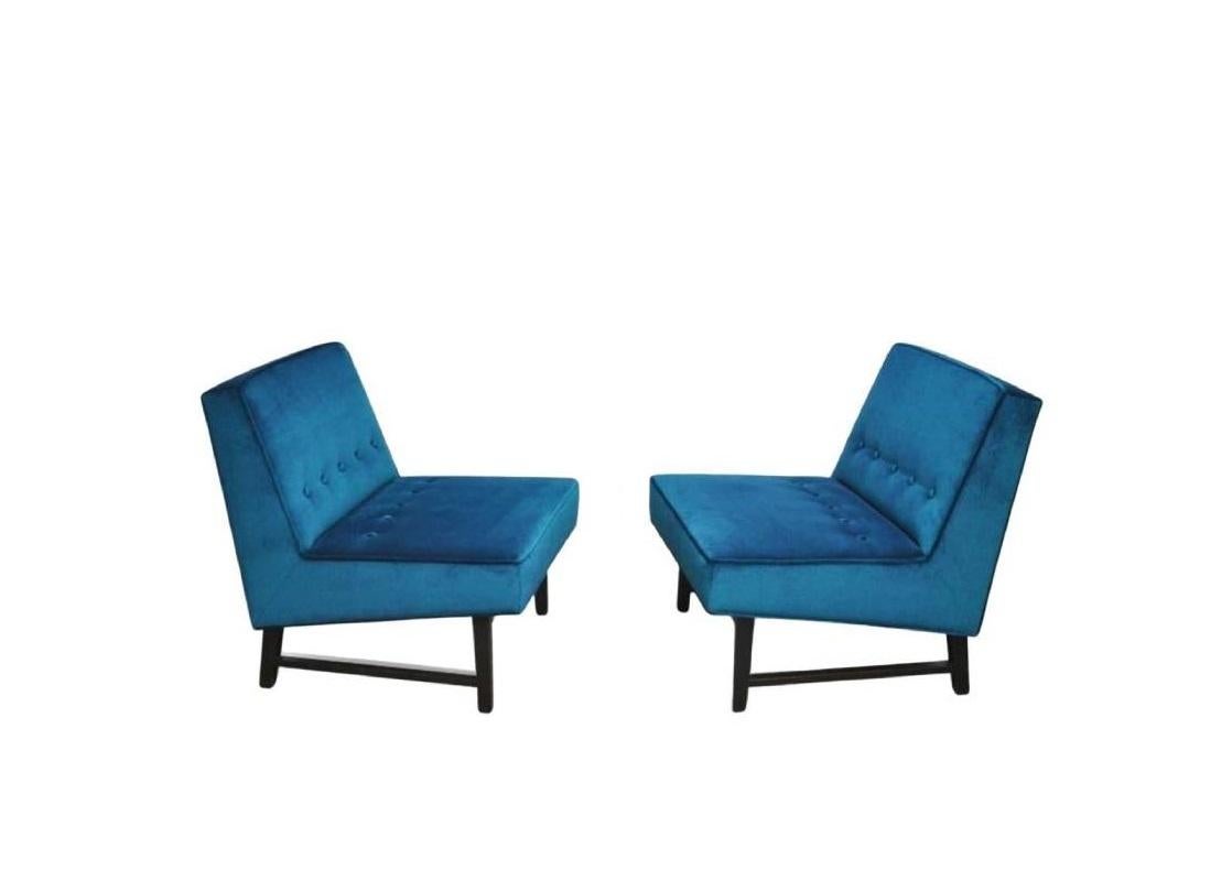 Pair of Blue Edward Wormley for Dunbar Slipper Chairs For Sale 2