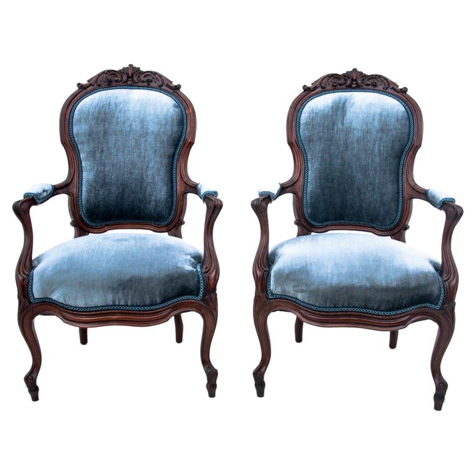 Pair of Blue Elegant Armchairs, France, Around 1900 For Sale