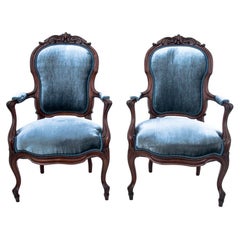 Used Pair of Blue Elegant Armchairs, France, Around 1900