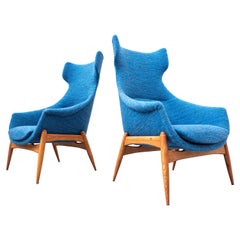 Vintage Pair of Blue Fabric Armchairs by Julia Gaubek, New Upholstery, Hungary, 1950s