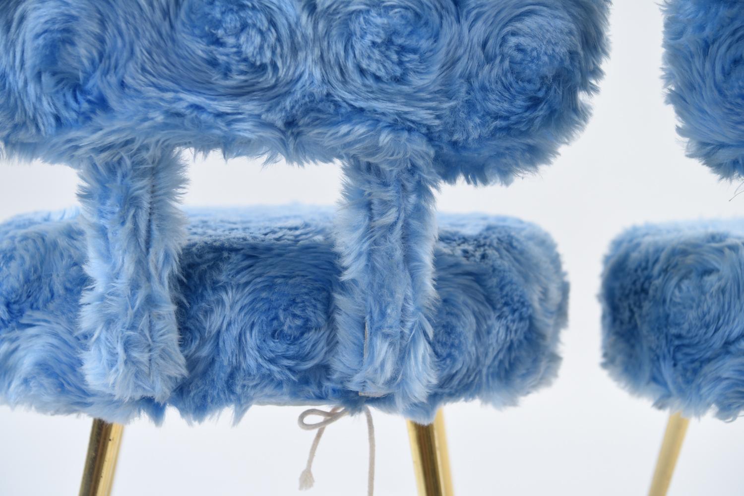 Pair of Blue Faux Fur Side Chairs with Brass Legs 1
