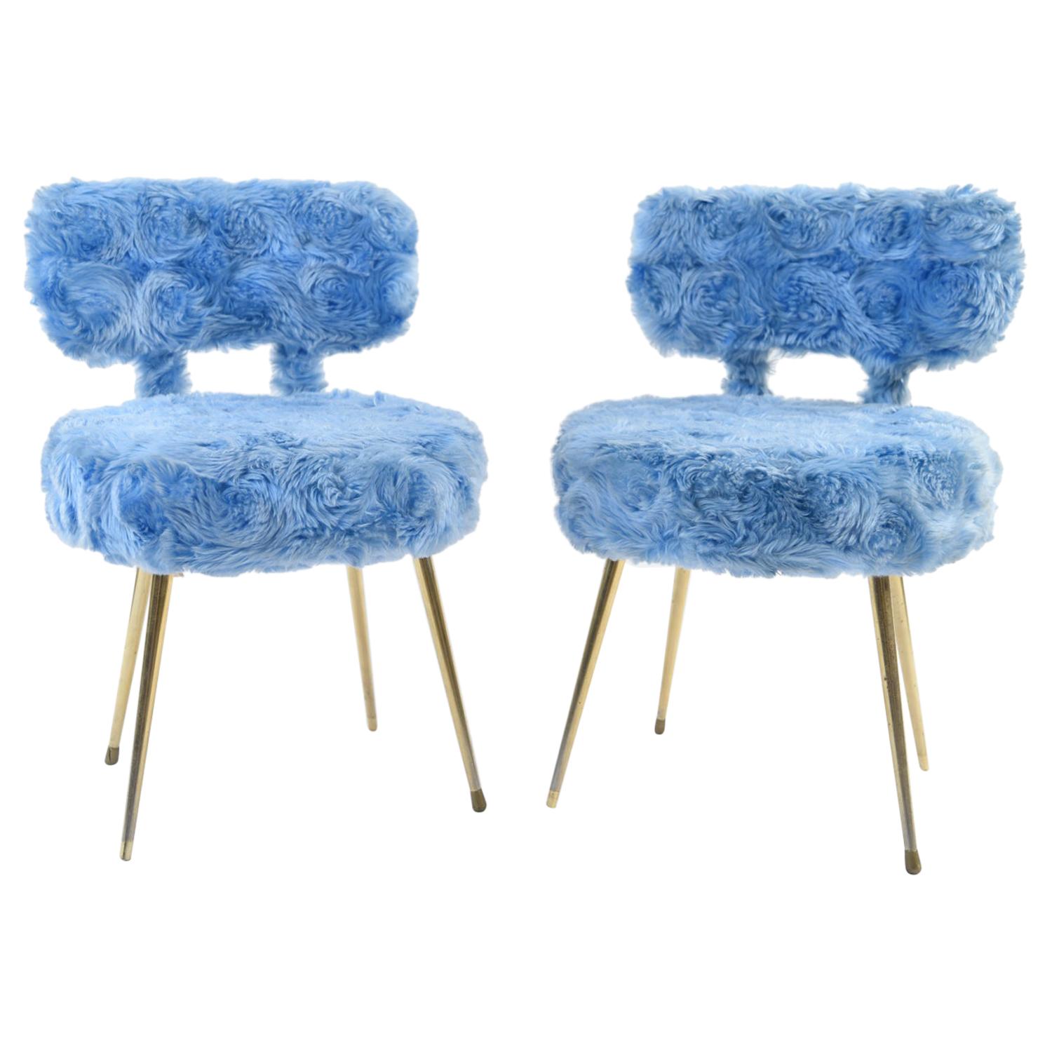 Pair of Blue Faux Fur Side Chairs with Brass Legs For Sale