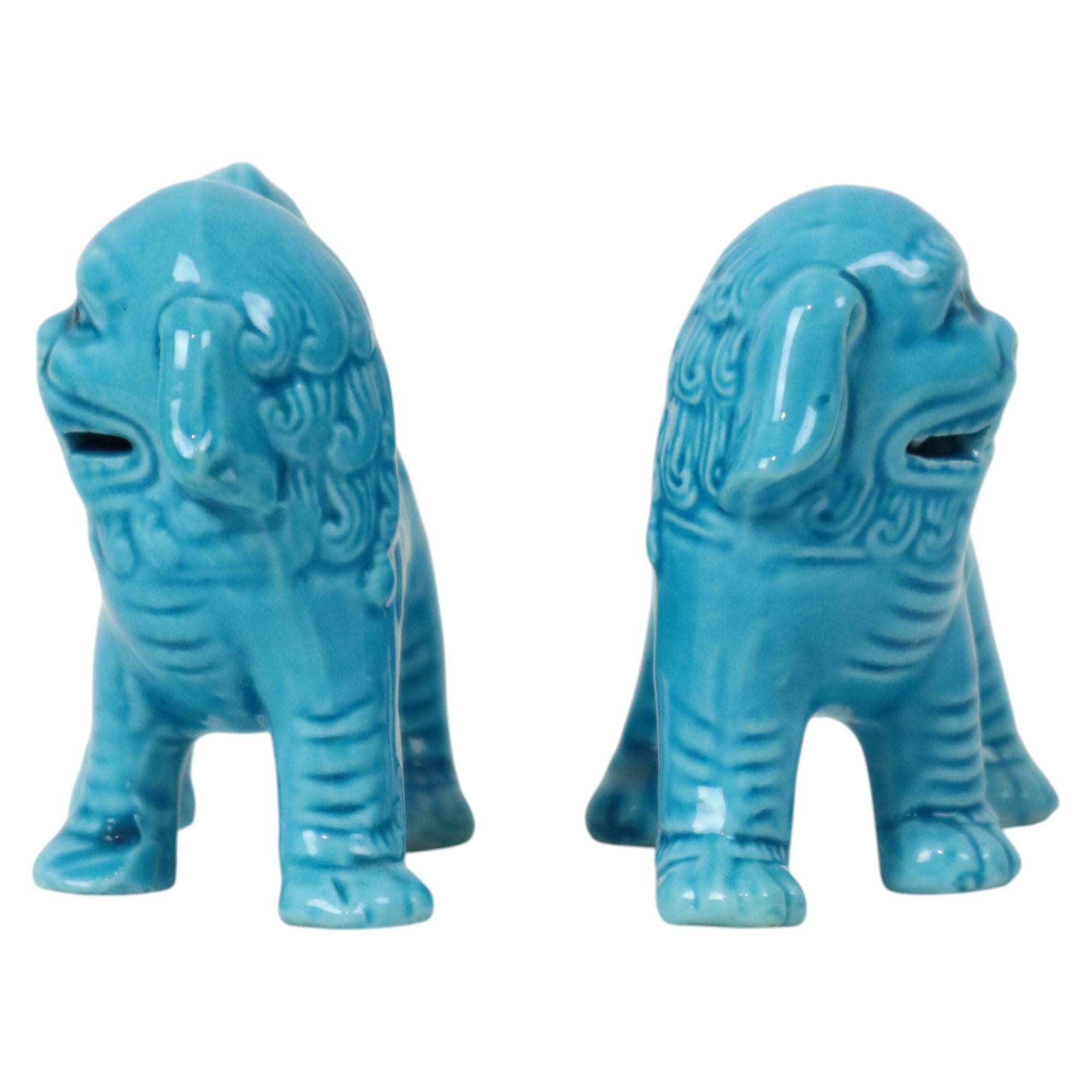 Pair of Blue Foo Dog Statues Temple Lion Chinese Porcelain For Sale 5