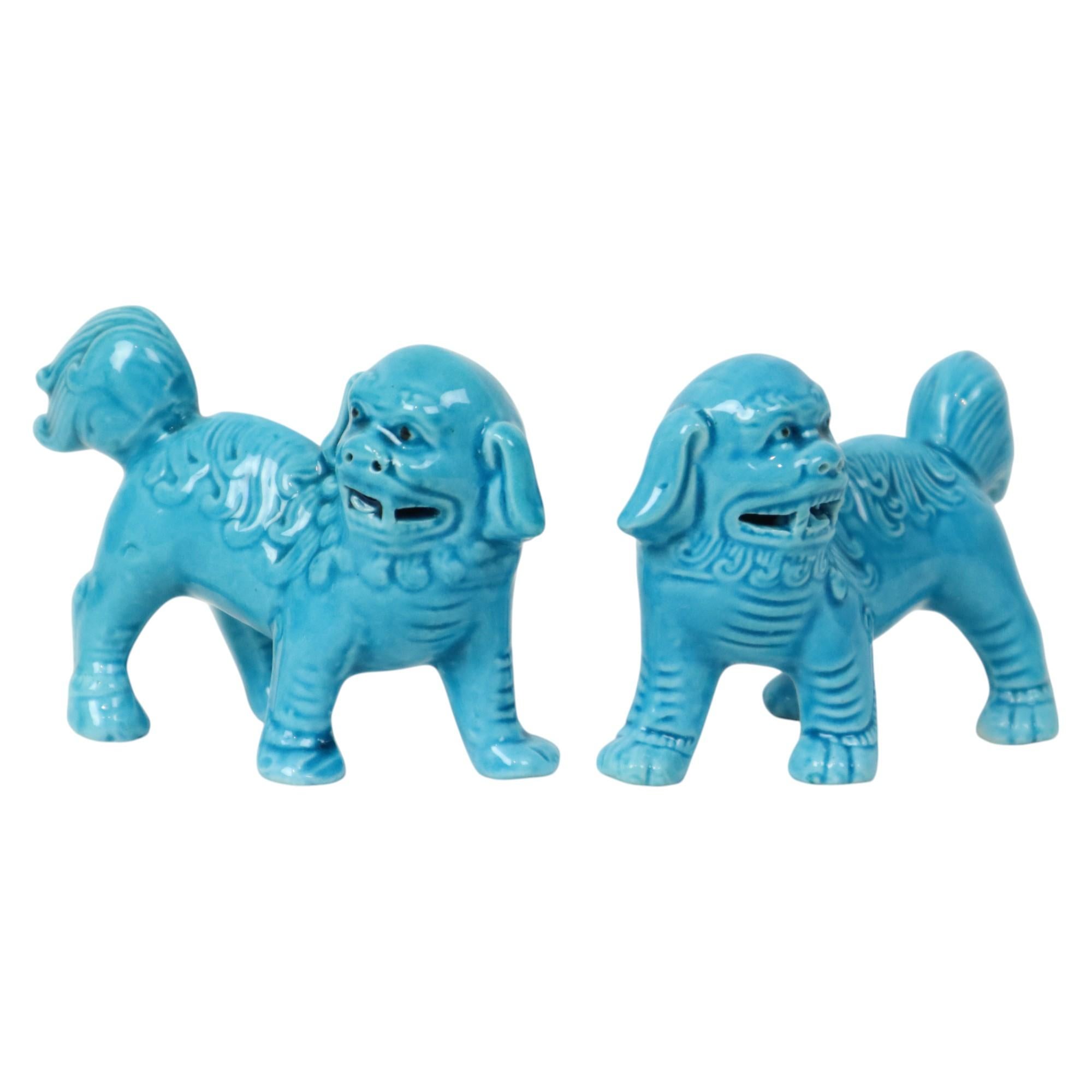 Pair of Blue Foo Dog Statues Temple Lion Chinese Porcelain For Sale 6