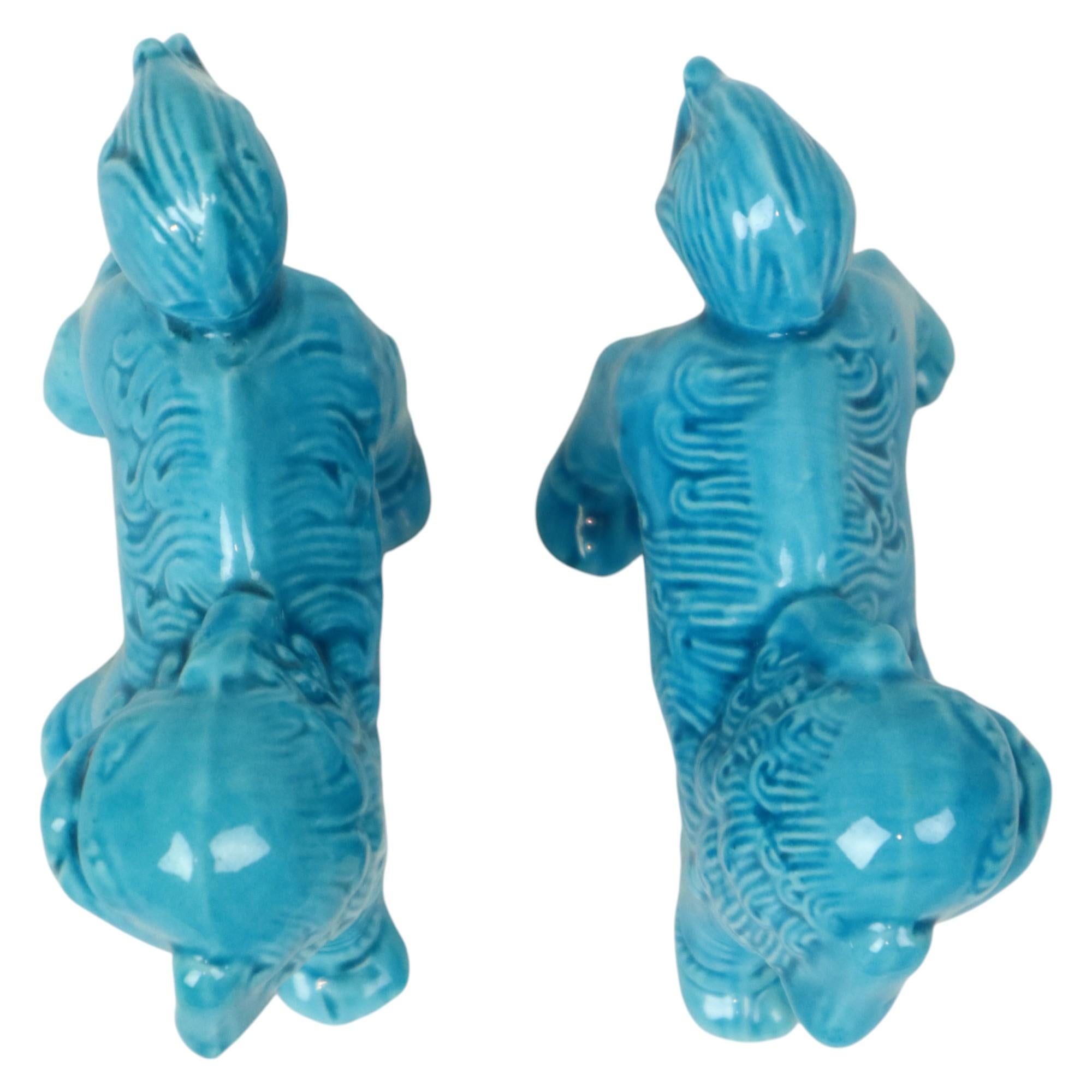 Pair of Blue Foo Dog Statues Temple Lion Chinese Porcelain For Sale 7