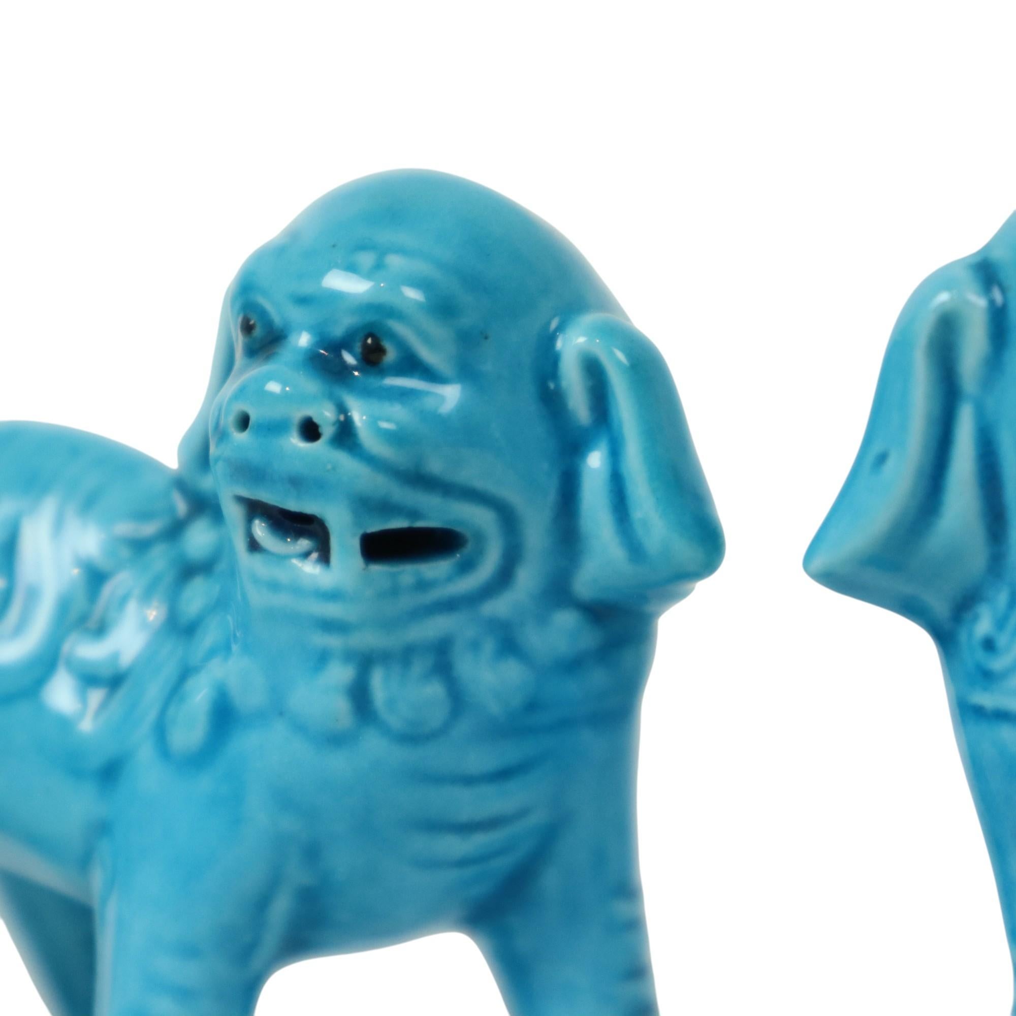 Pair of Blue Foo Dog Statues Temple Lion Chinese Porcelain For Sale 9