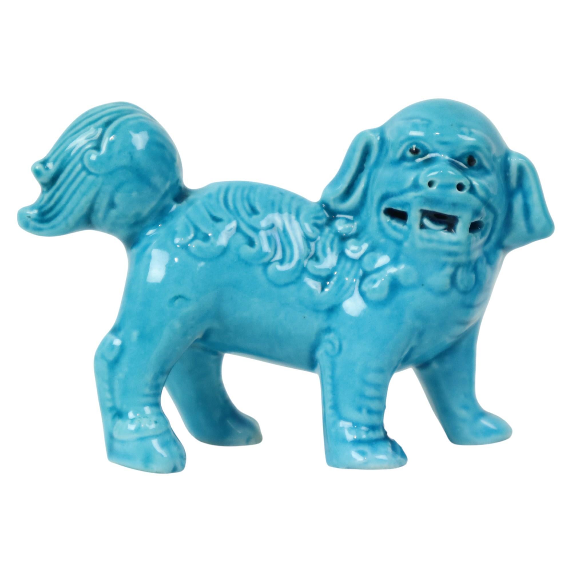 Glazed Pair of Blue Foo Dog Statues Temple Lion Chinese Porcelain For Sale