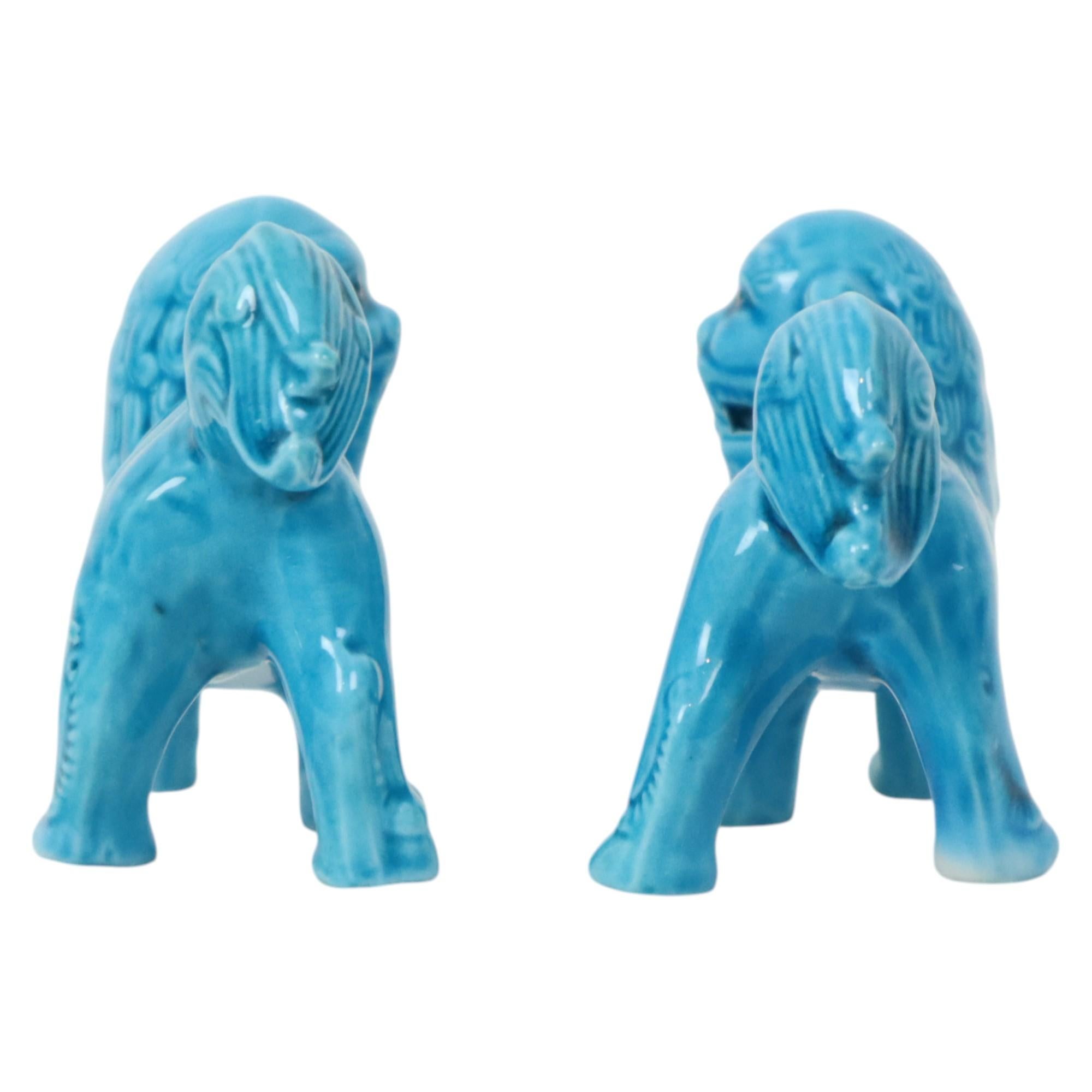 Pair of Blue Foo Dog Statues Temple Lion Chinese Porcelain For Sale 1