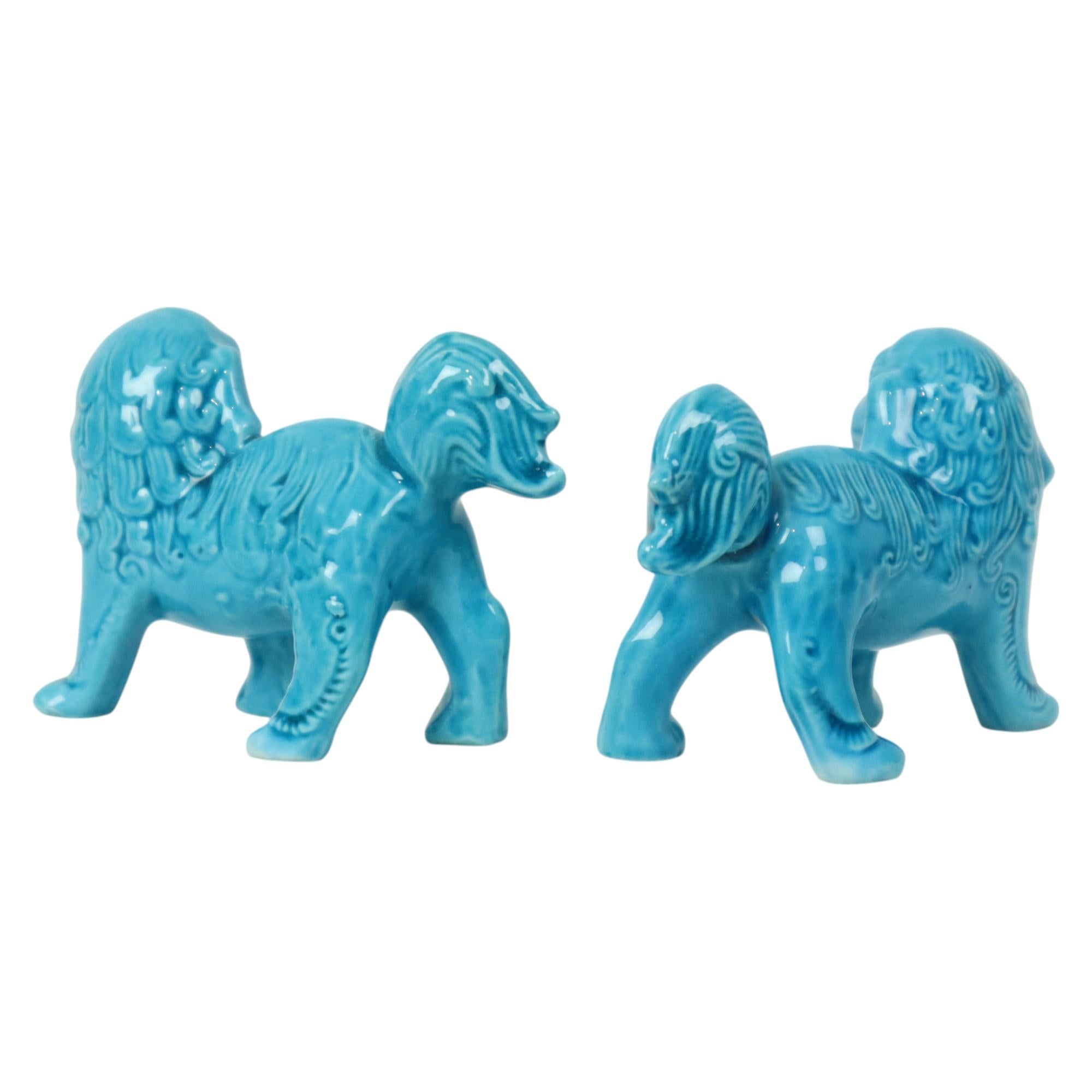 Pair of Blue Foo Dog Statues Temple Lion Chinese Porcelain For Sale 2